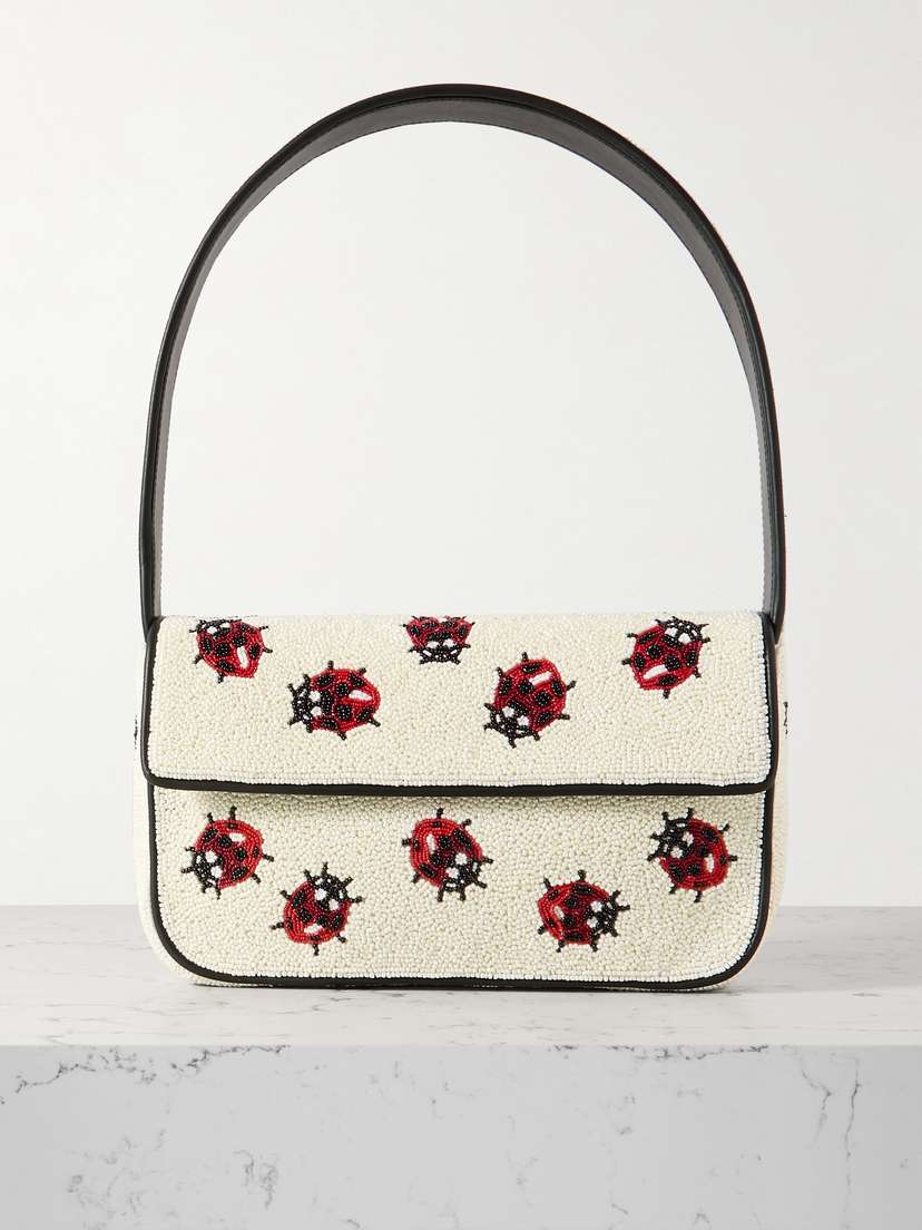 Staud Tommy Faux Leather-trimmed Beaded Satin Shoulder Bag