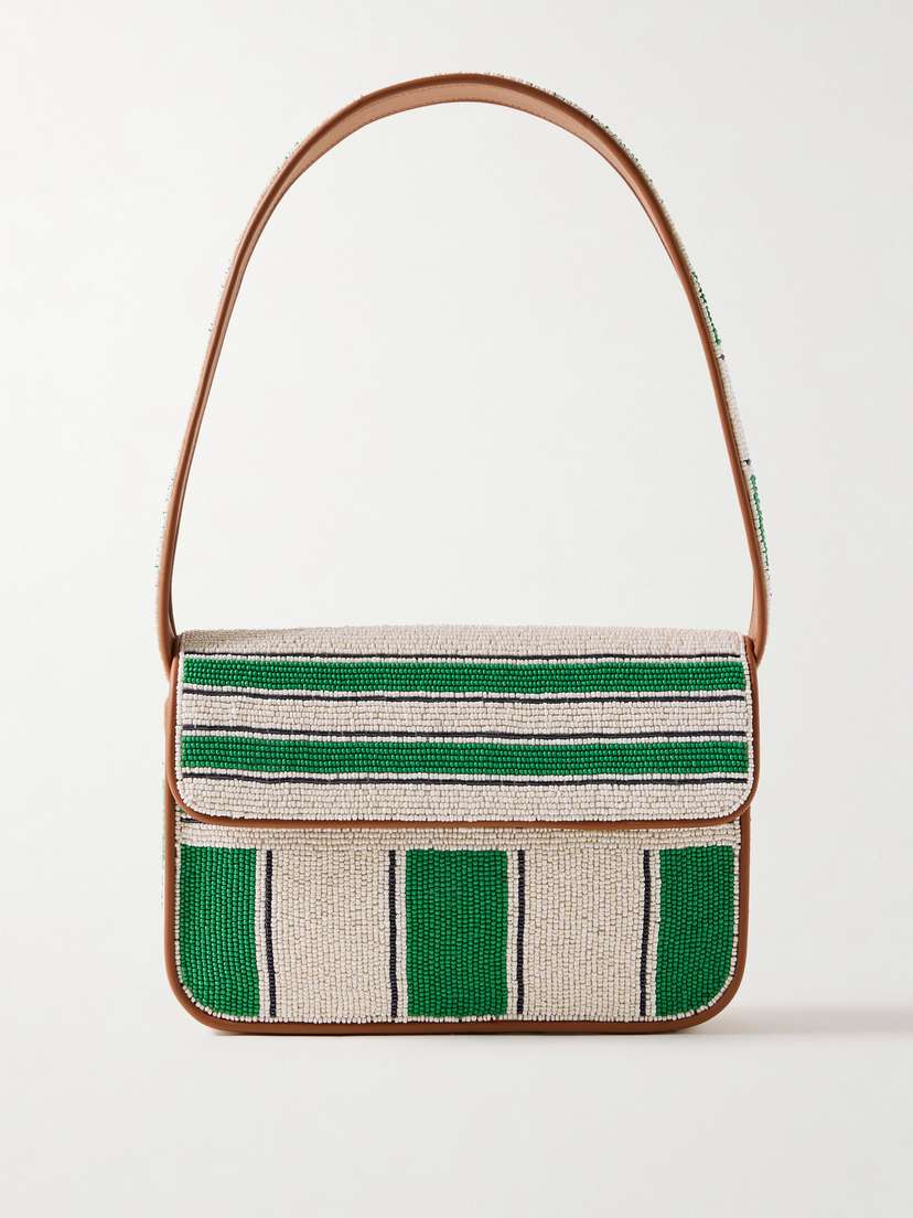 Staud Tommy Beaded Striped Faux Leather-trimmed Satin Shoulder Bag