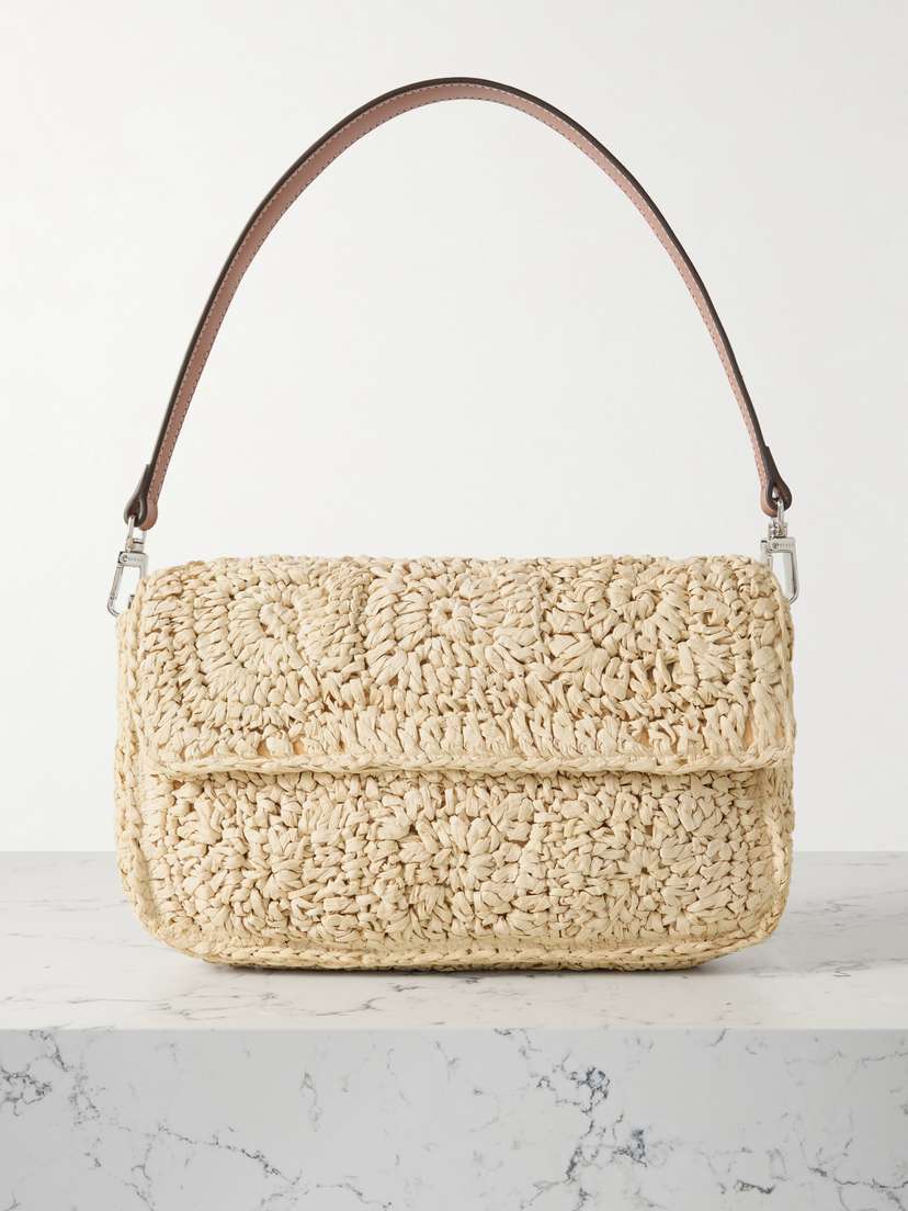 Staud Timmy Leather-trimmed Crocheted Raffia Shoulder Bag