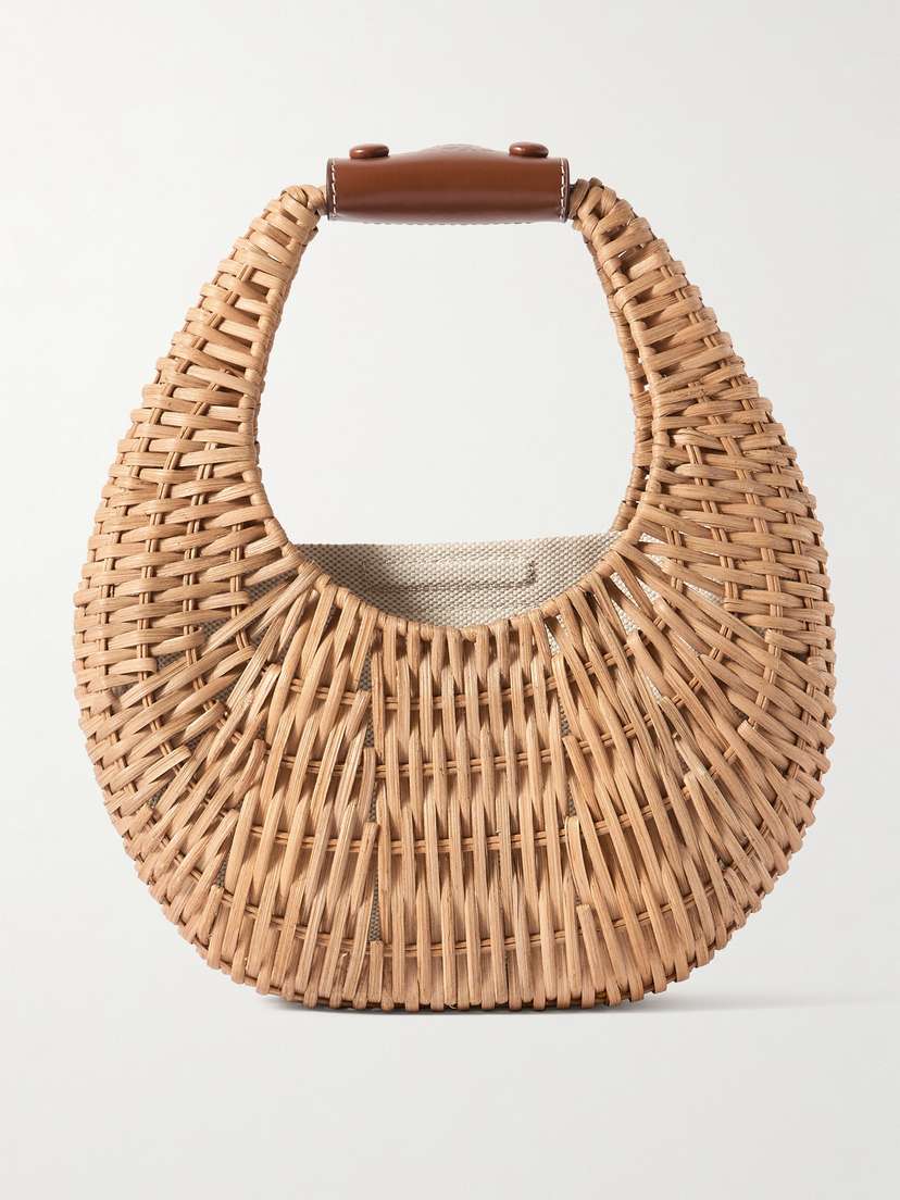 Staud Mini Moon Leather-embellished Raffia Shoulder Bag