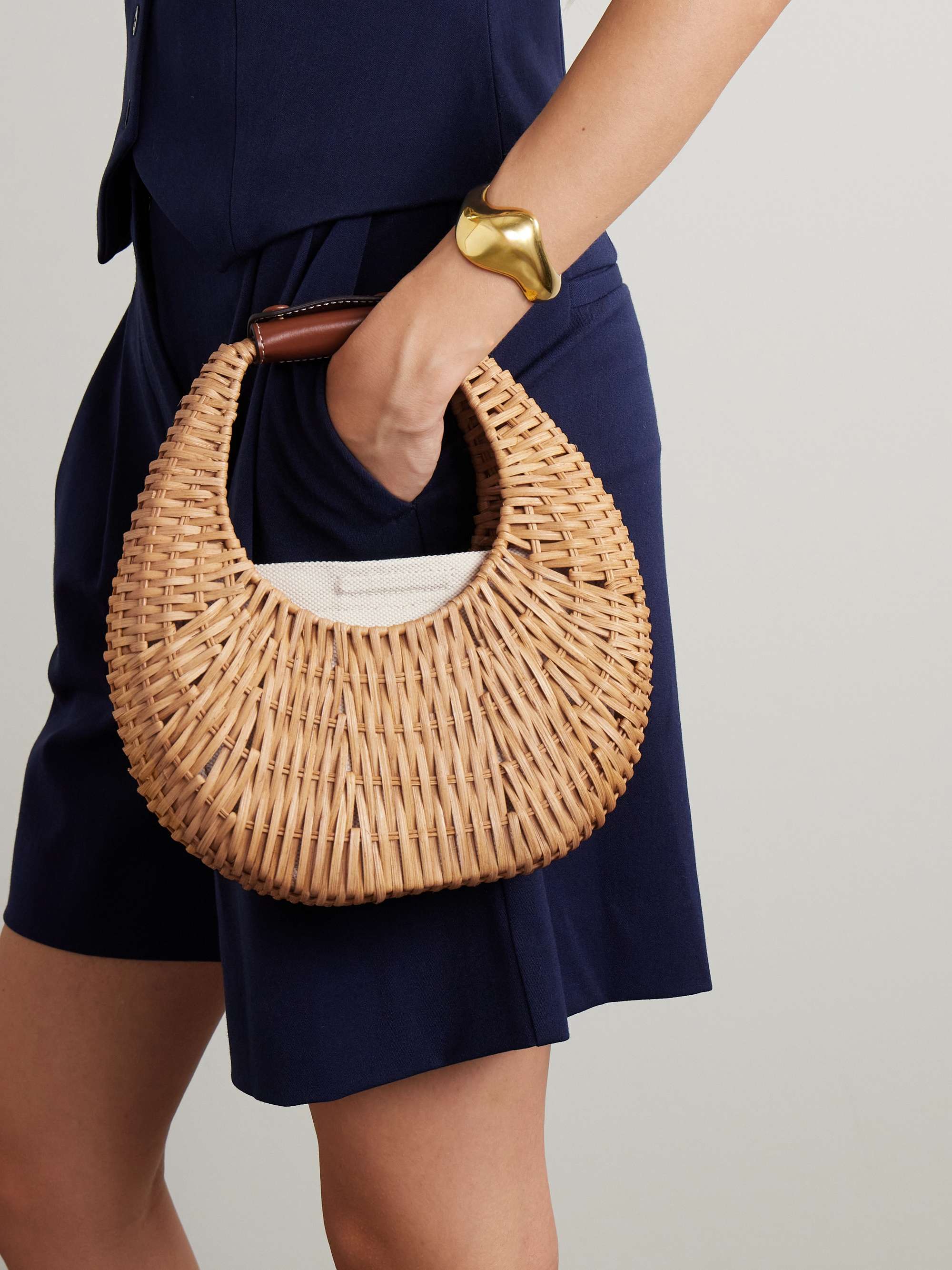 STAUD Mini Moon leather embellished raffia shoulder bag NET A PORTER