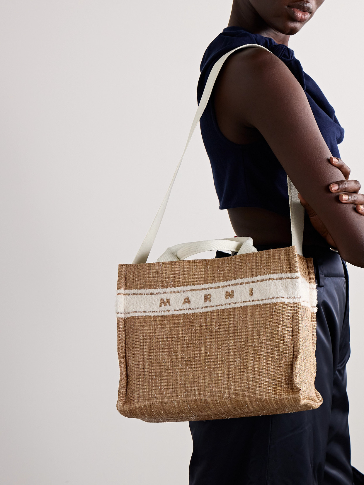 Marni Basket Small Cotton-blend Trimmed Raffia Tote In Brown