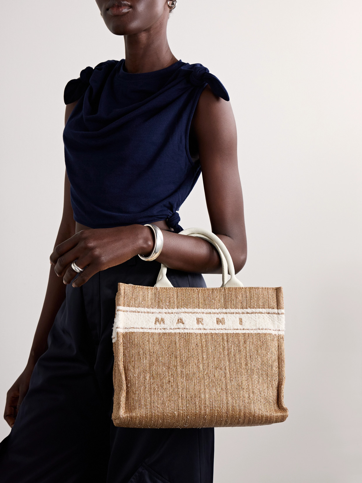 Marni Basket Small Cotton-blend Trimmed Raffia Tote In Brown