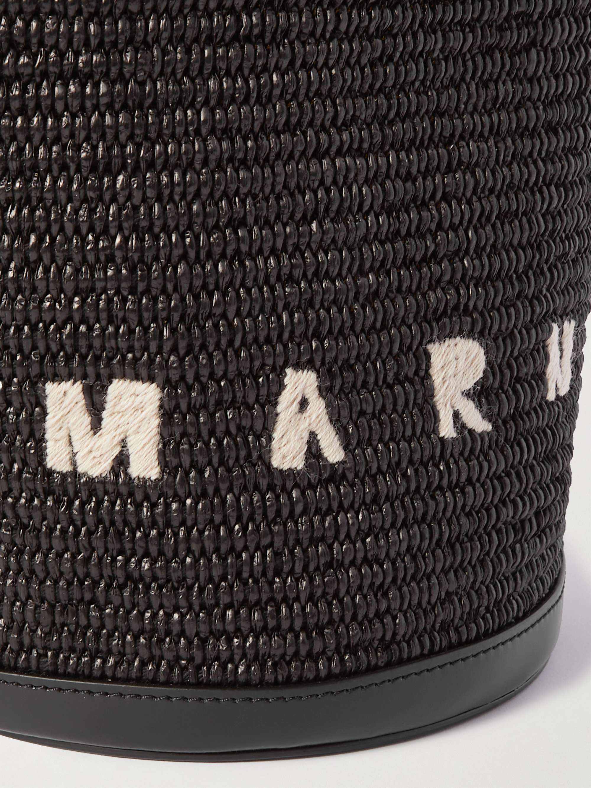 MARNI Tropicalia small leather-trimmed embroidered raffia bucket bag