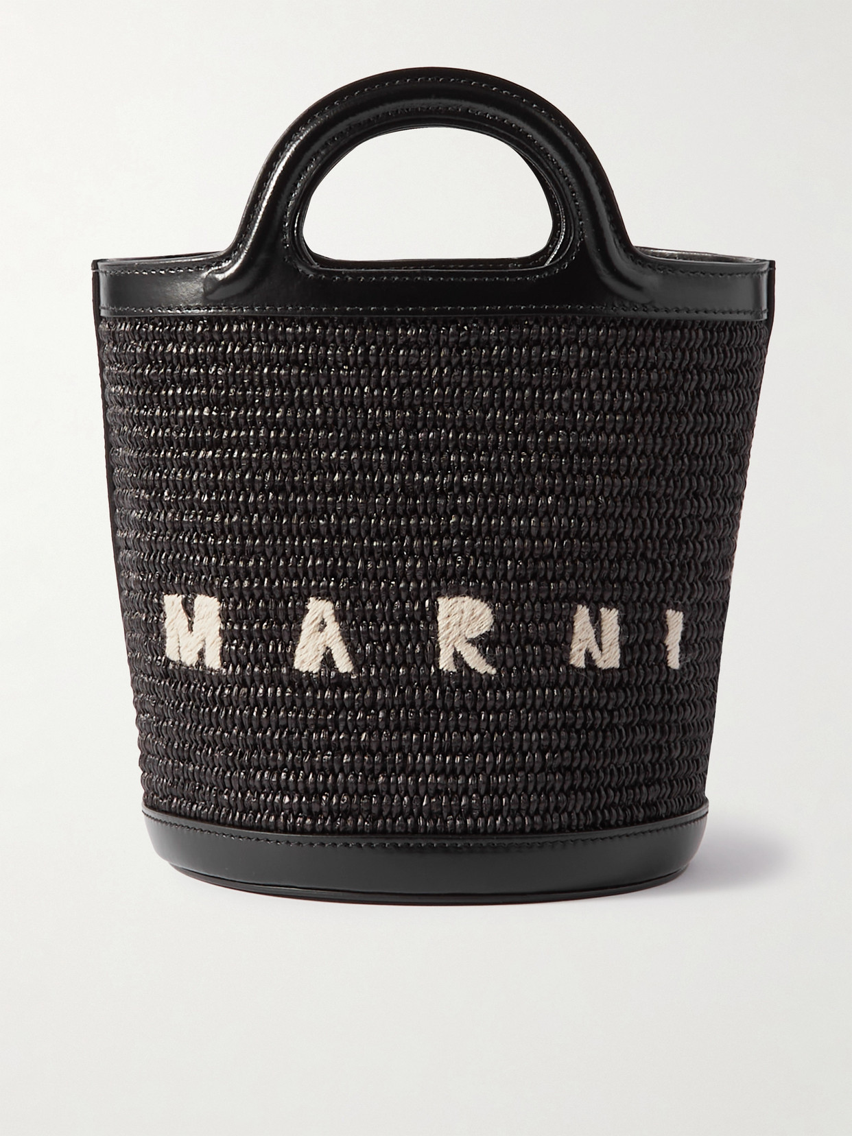 Marni Tropicalia Small Leather-trimmed Embroidered Raffia Bucket Bag In Black
