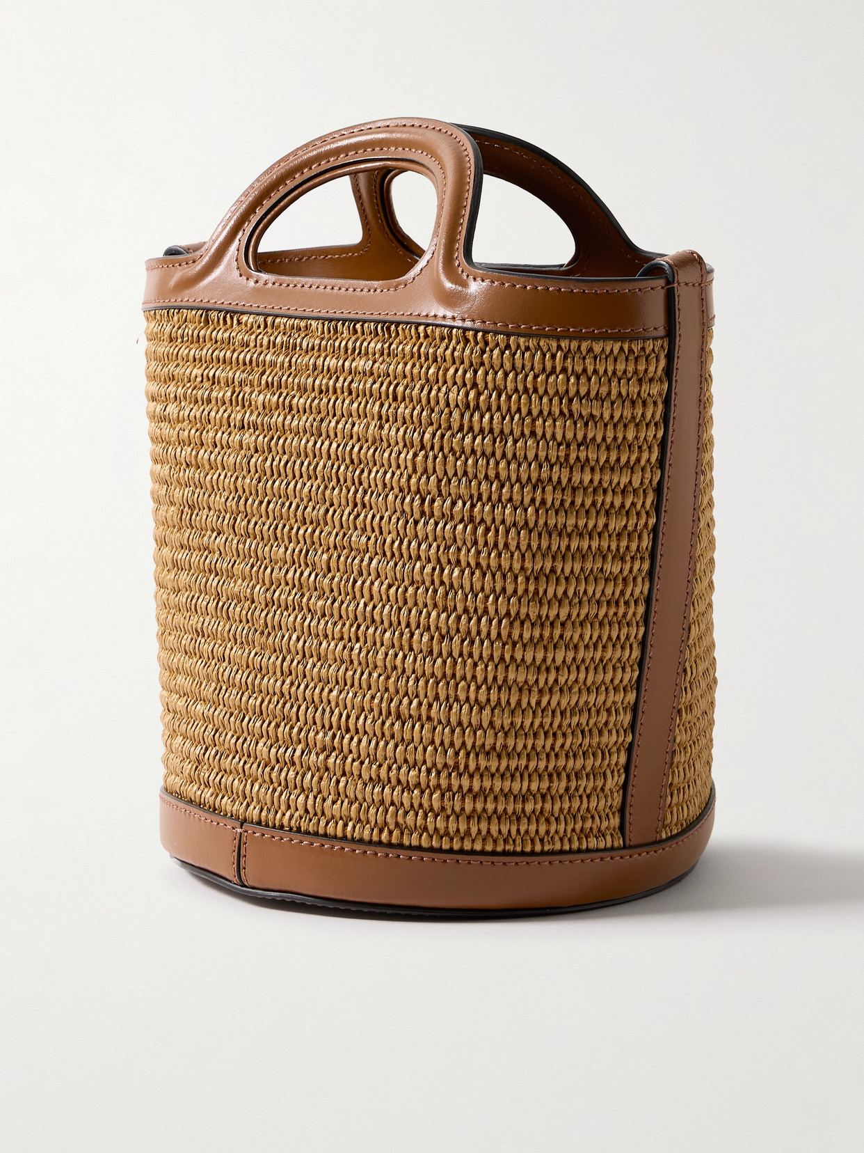 Marni Tropicalia Mini Leather-trimmed Embroidered Faux Raffia Tote In Brown