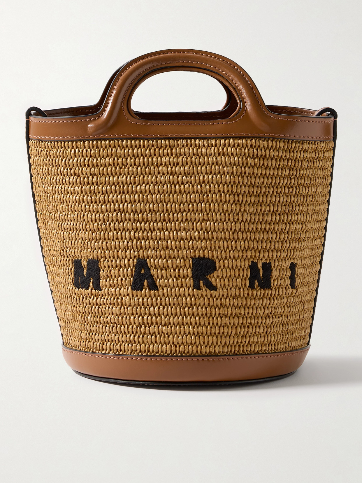 Marni Tropicalia Mini Leather-trimmed Embroidered Faux Raffia Tote In Brown