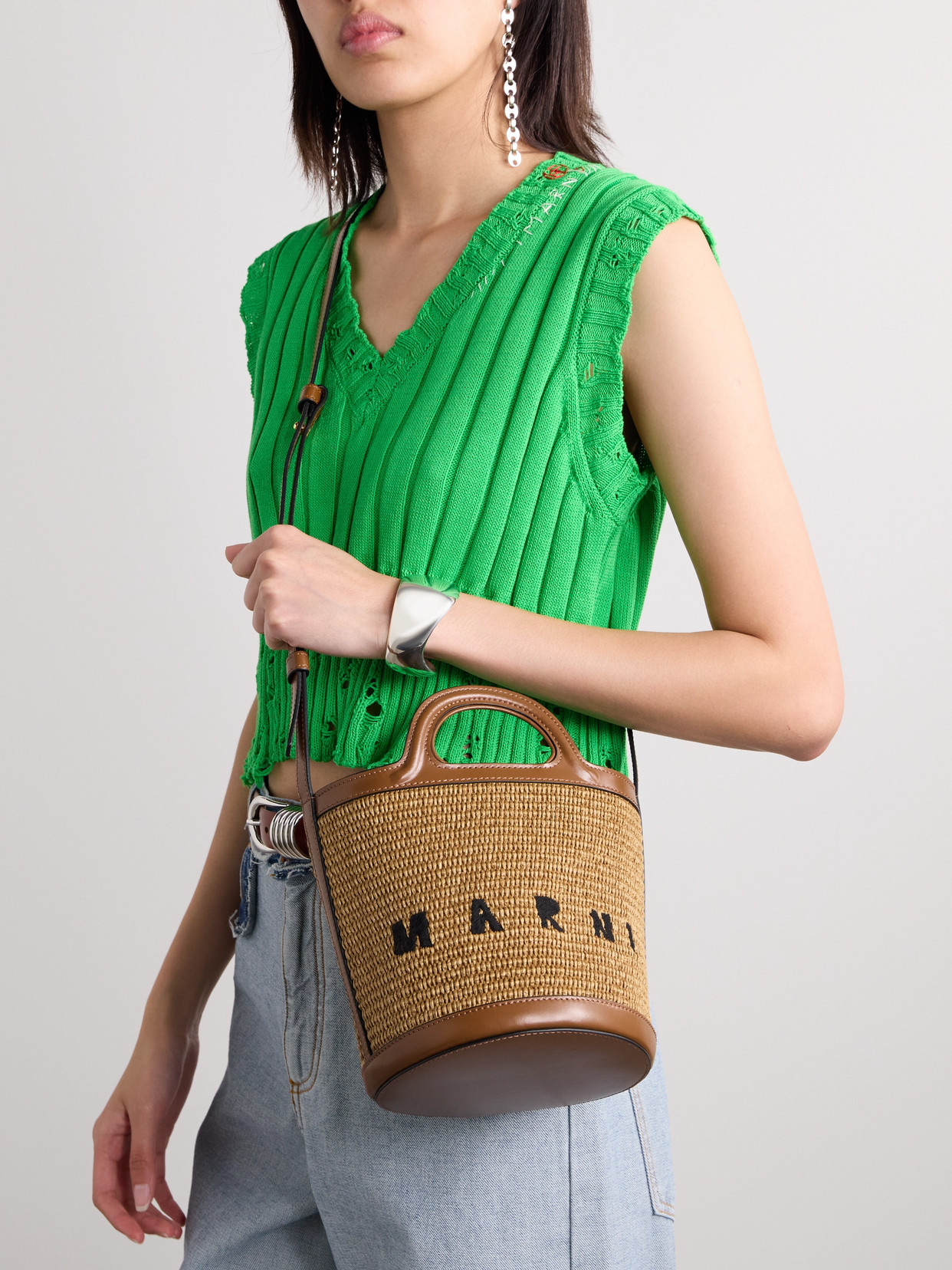 Marni Tropicalia Mini Leather-trimmed Embroidered Faux Raffia Tote In Brown