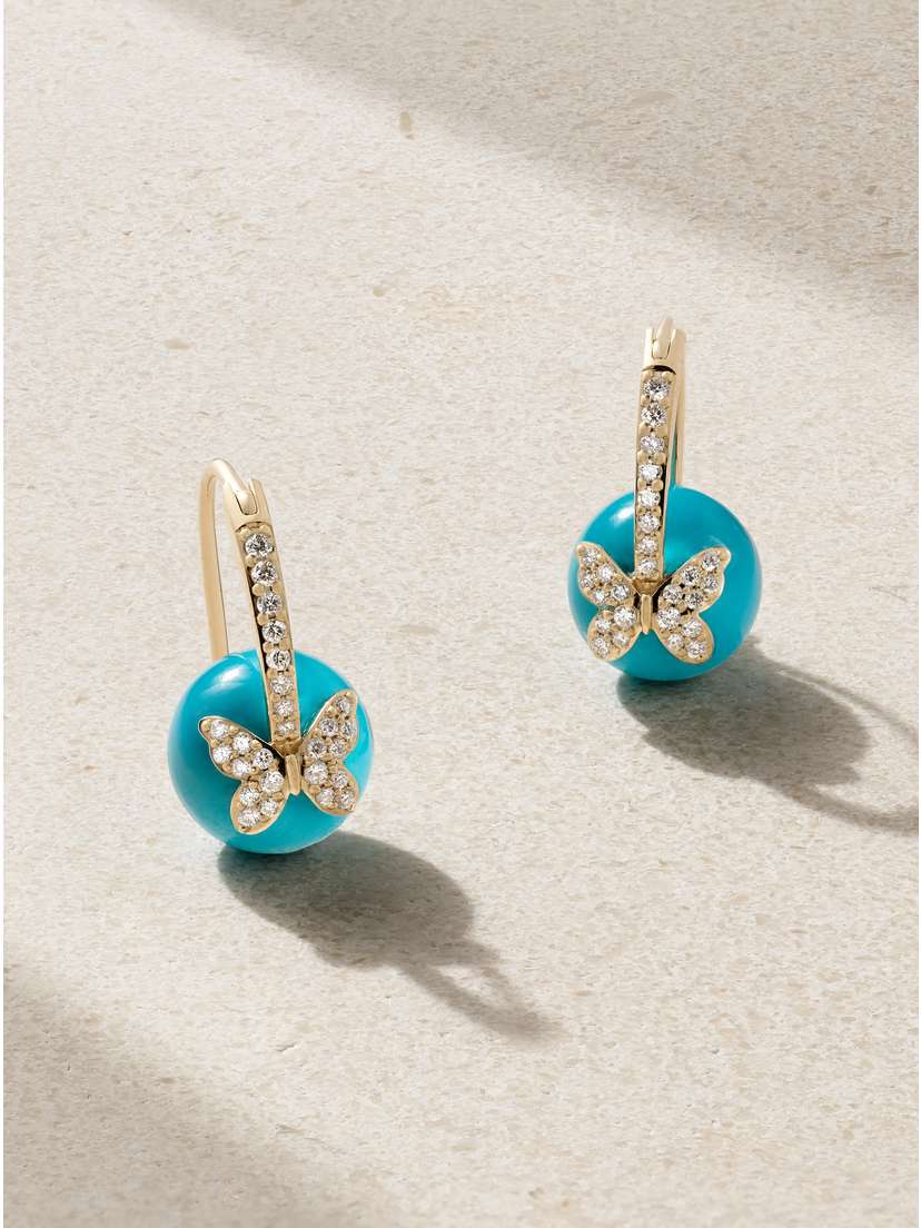 Sydney Evan Butterfly 14-karat Gold, Turquoise And Diamond Earrings