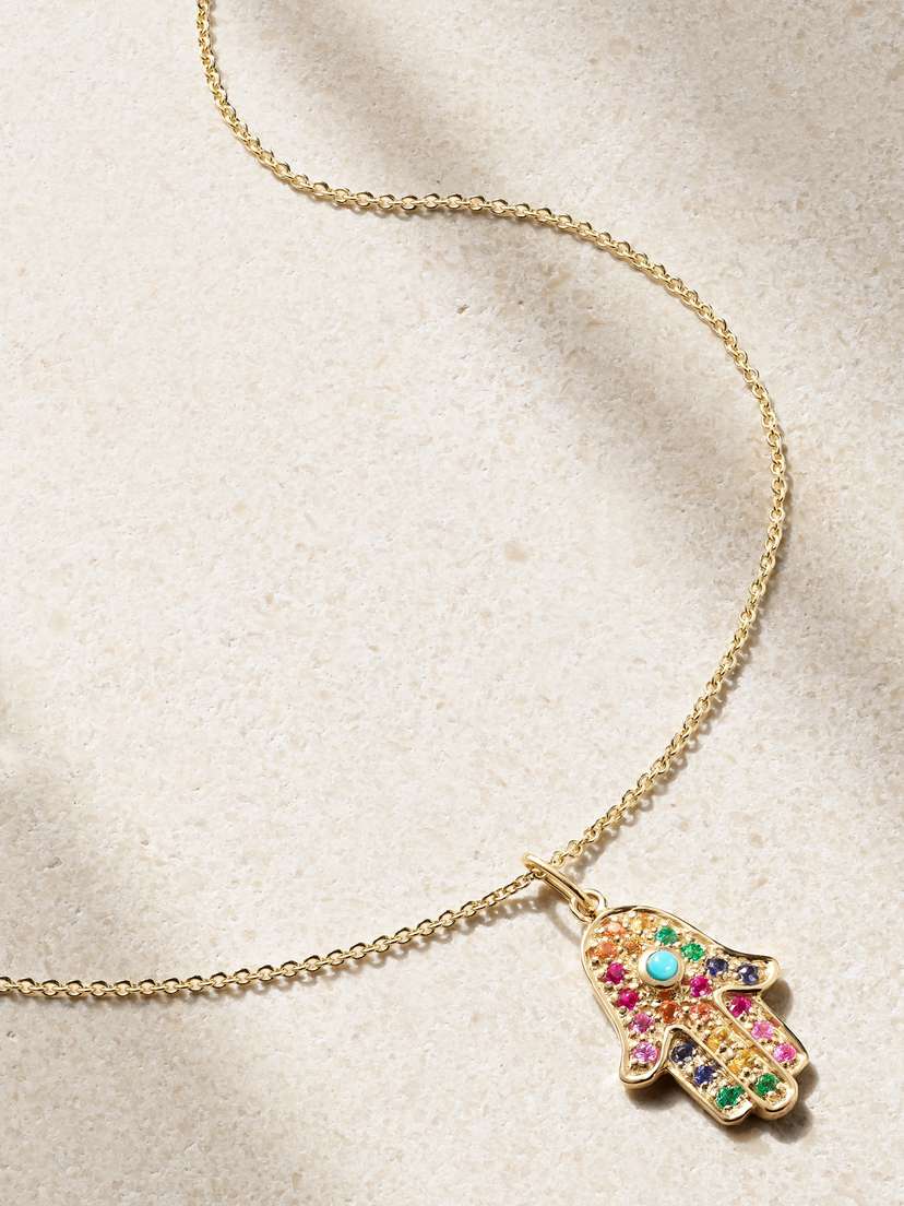Sydney Evan Medium Hamsa 14-karat Gold Multi-stone Necklace