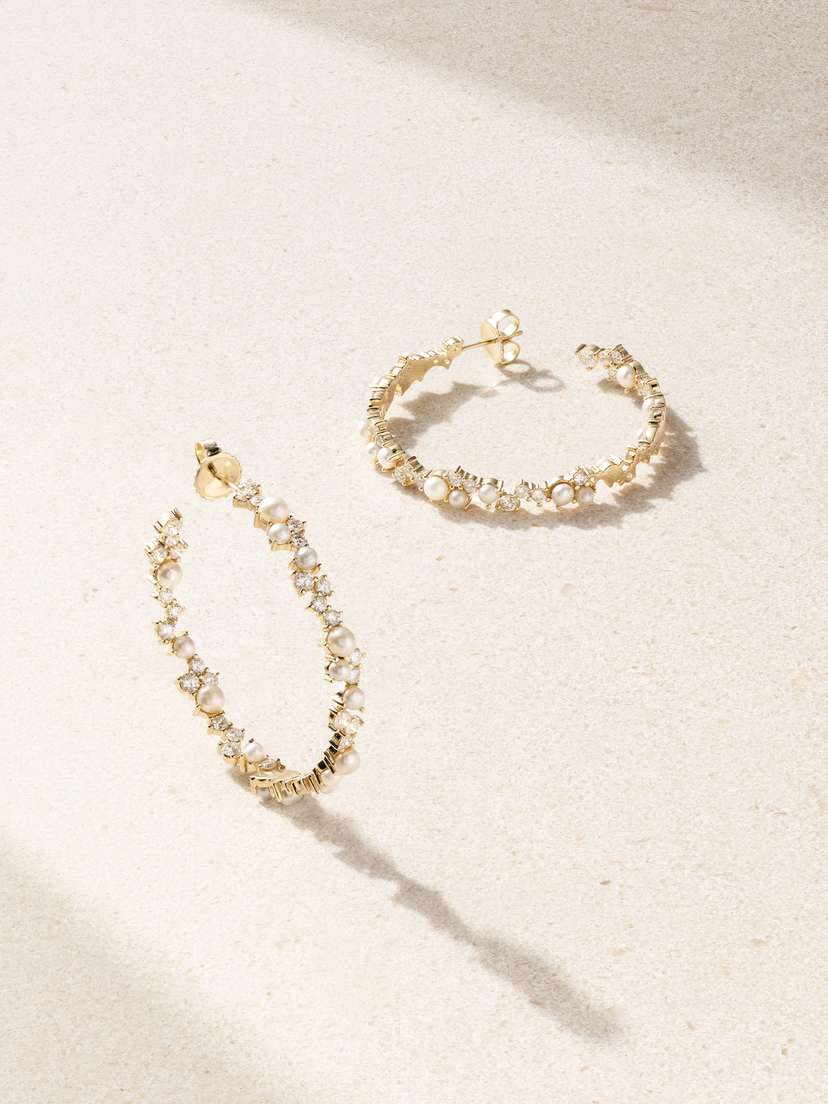 Sydney Evan Extra Large Cocktail 14-karat Gold, Diamond And Pearl Hoop Earrings