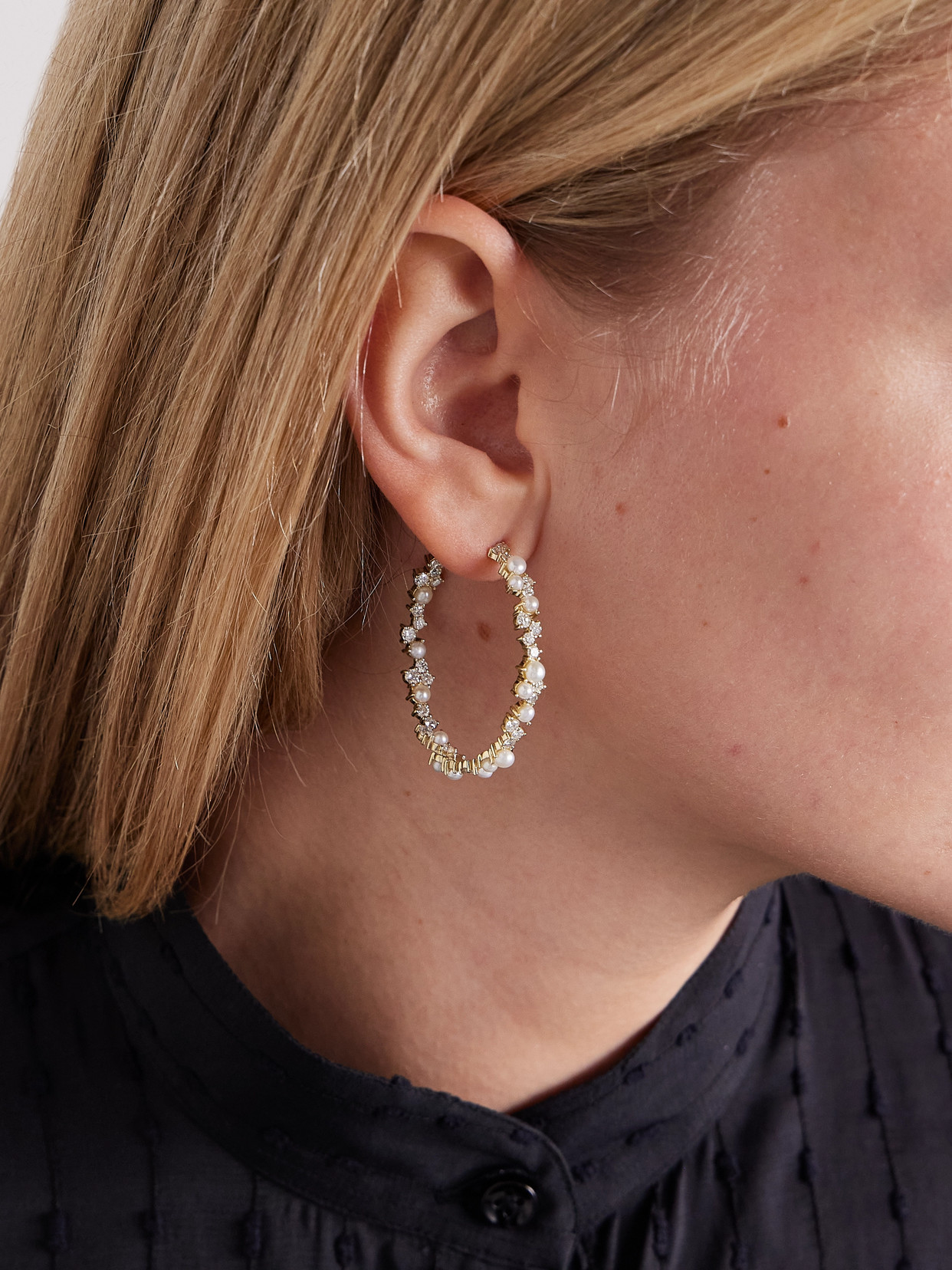 Sydney Evan Extra Large Cocktail 14-karat Gold, Diamond And Pearl Hoop Earrings In Gold