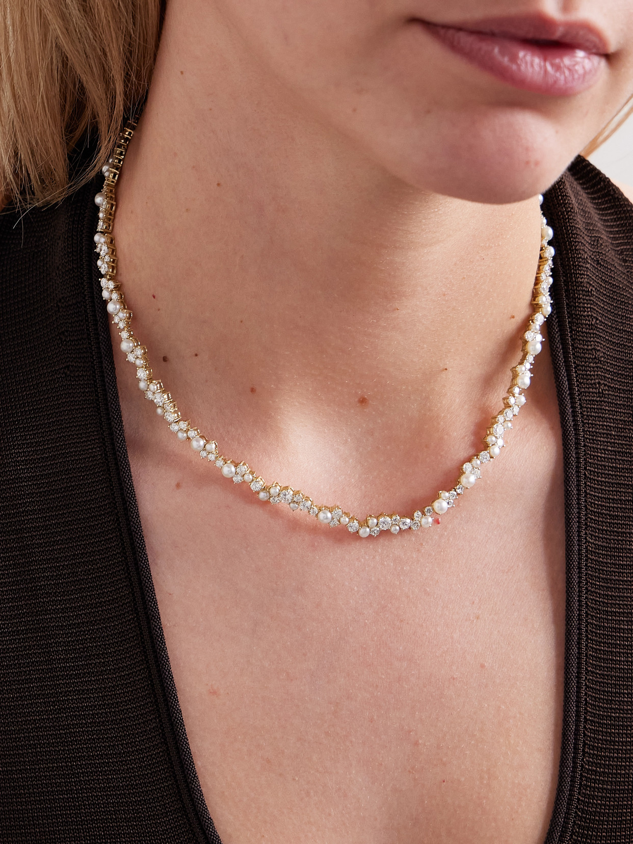 Sydney Evan Cocktail Eternity 14-karat Gold, Diamond And Pearl Necklace In Gold