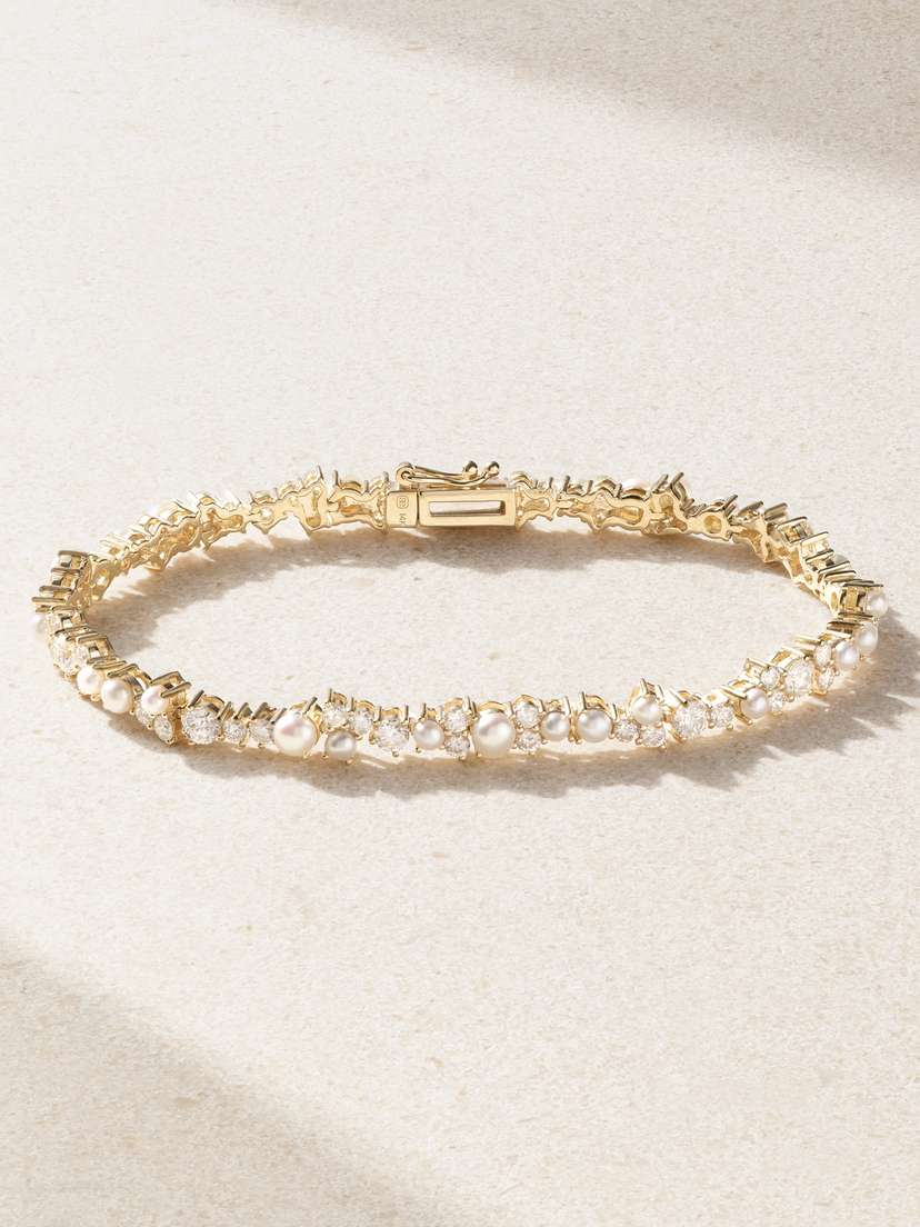 Sydney Evan Cocktail 14-karat Gold, Diamond And Pearl Tennis Bracelet