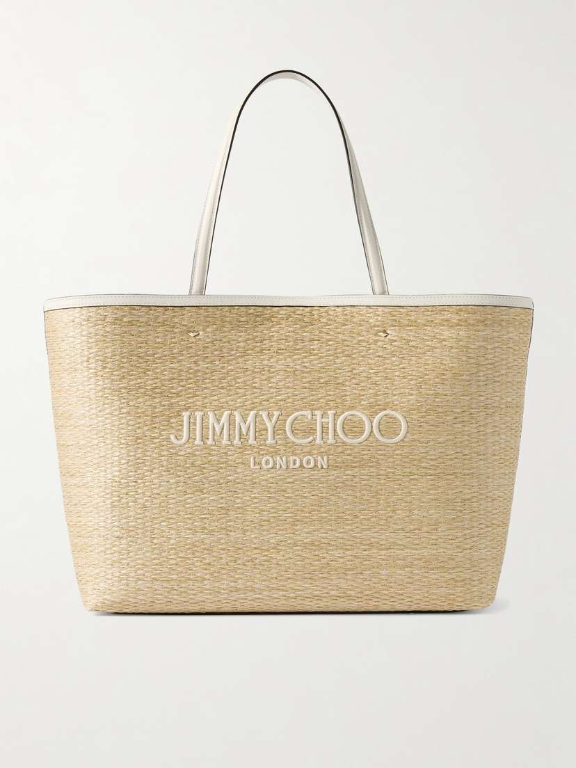 Jimmy Choo Marli Small Logo-embroidered Leather-trimmed Raffia Tote