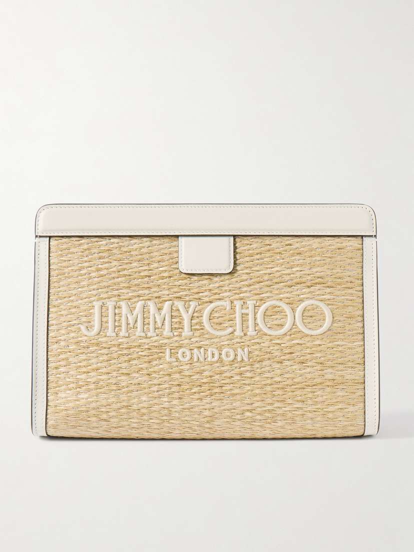 Jimmy Choo Avenue Leather-trimmed Embroidered Raffia Clutch