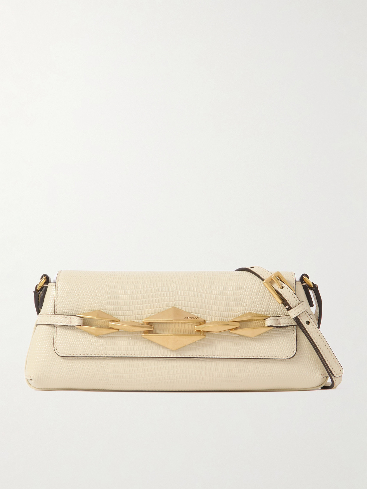 Jimmy Choo Diamond E/w Small Embellished Lizard-effect Leather Shoulder Bag In Cream