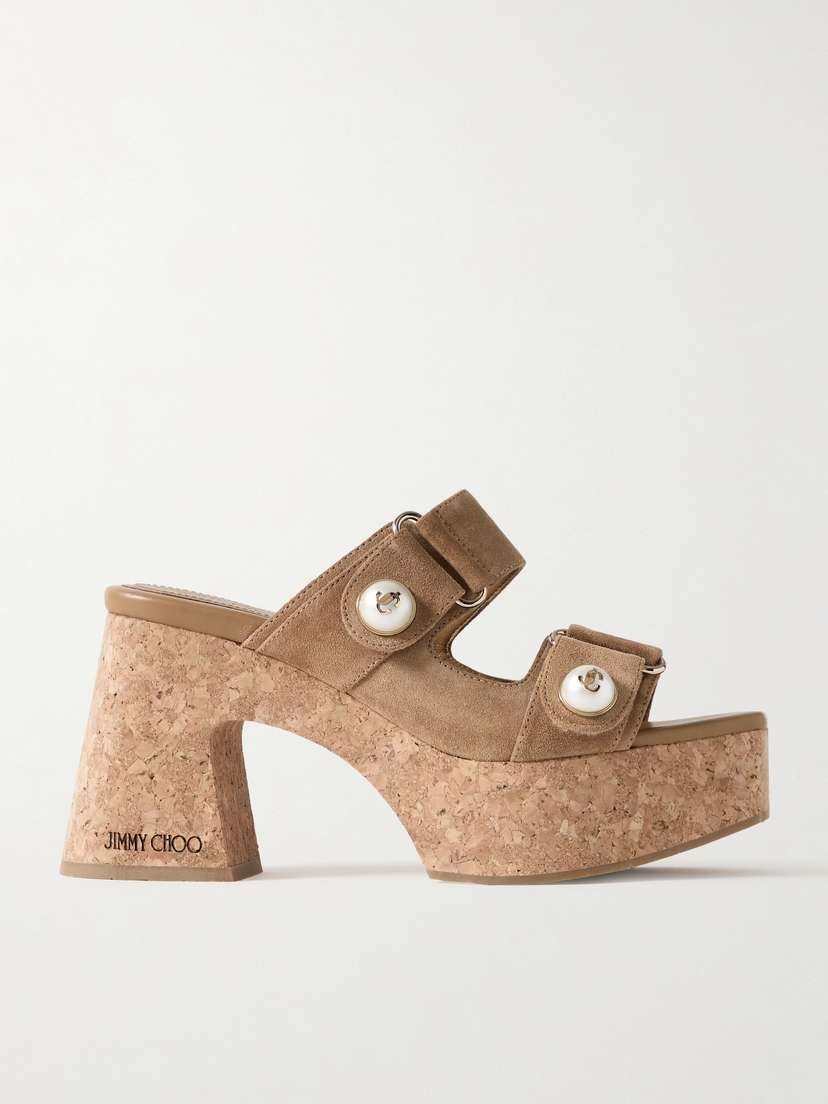 Jimmy Choo Fayence 95 Faux Pearl-embellished Suede Platform Mules
