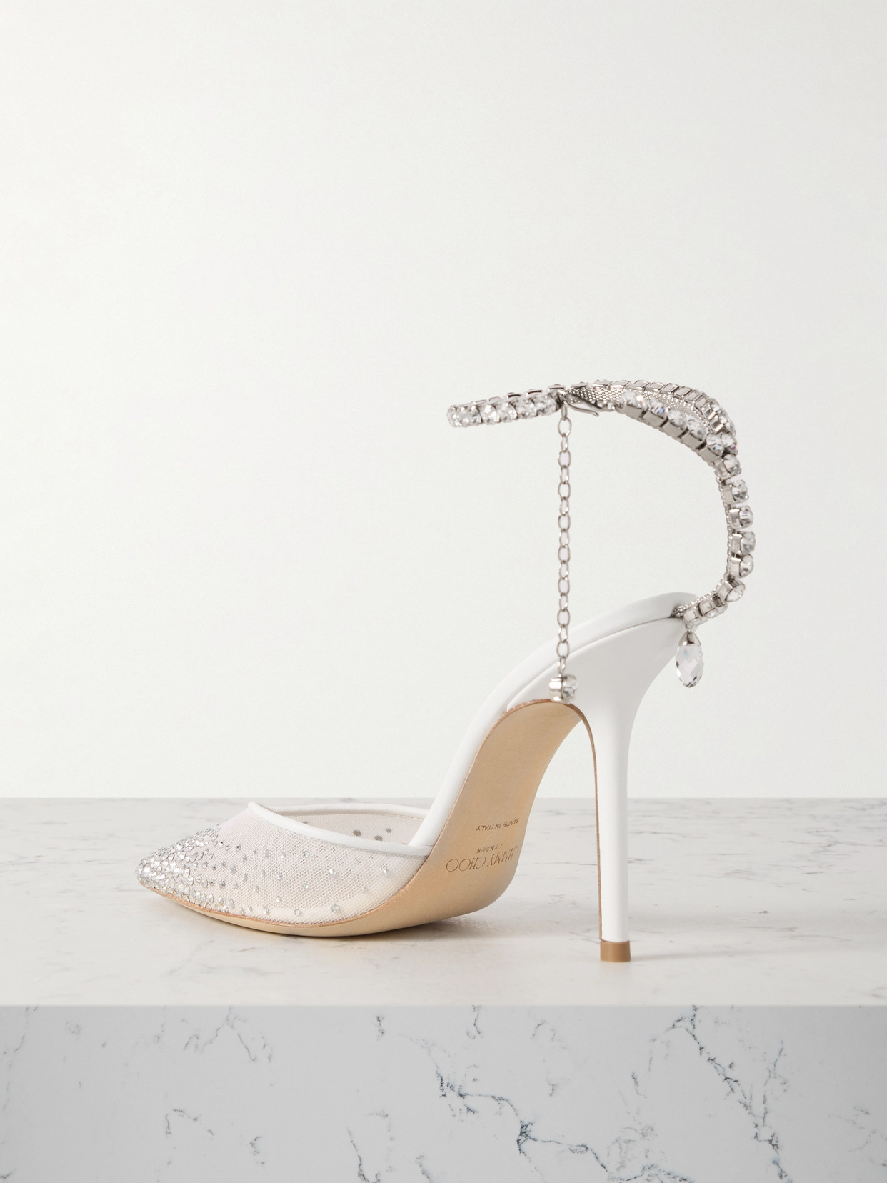 JIMMY CHOO SAEDA 100 CRYSTAL-EMBELLISHED LEATHER-TRIMMED MESH PUMPS