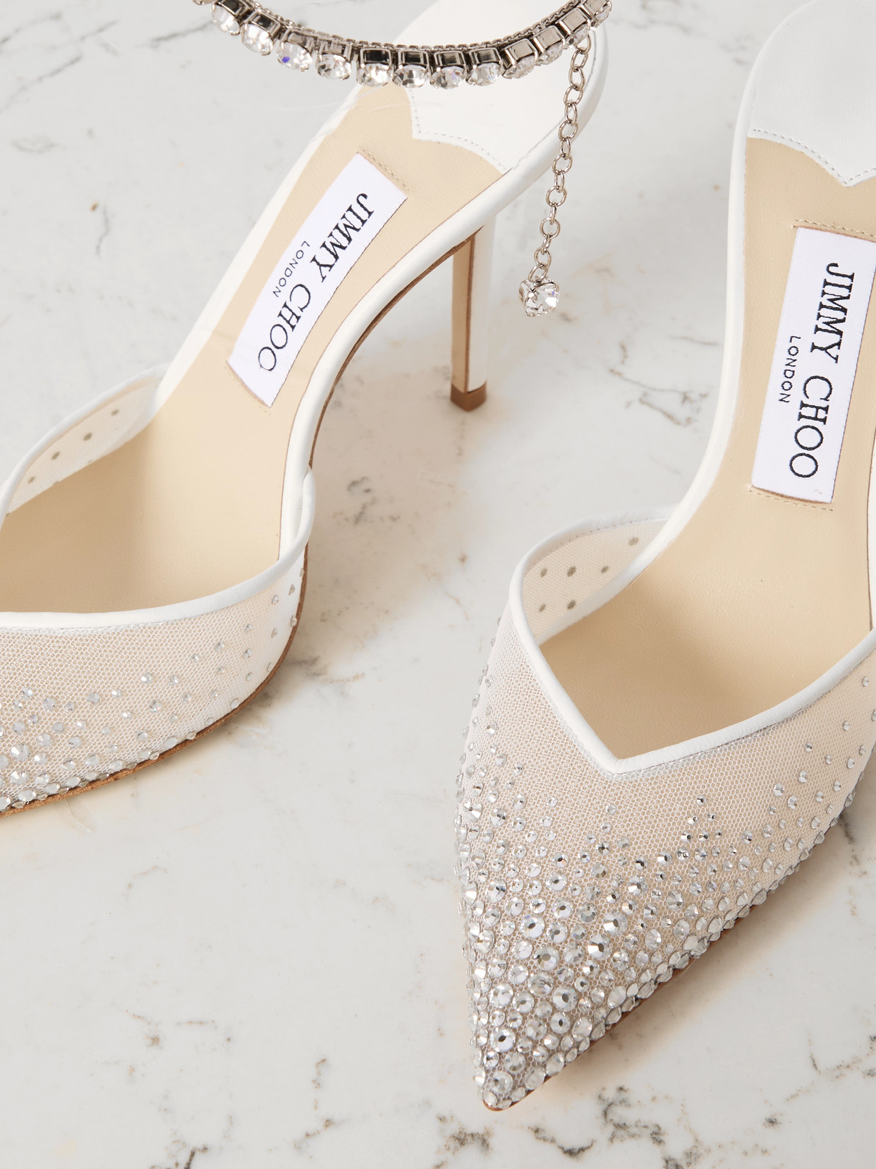 JIMMY CHOO SAEDA 100 CRYSTAL-EMBELLISHED LEATHER-TRIMMED MESH PUMPS