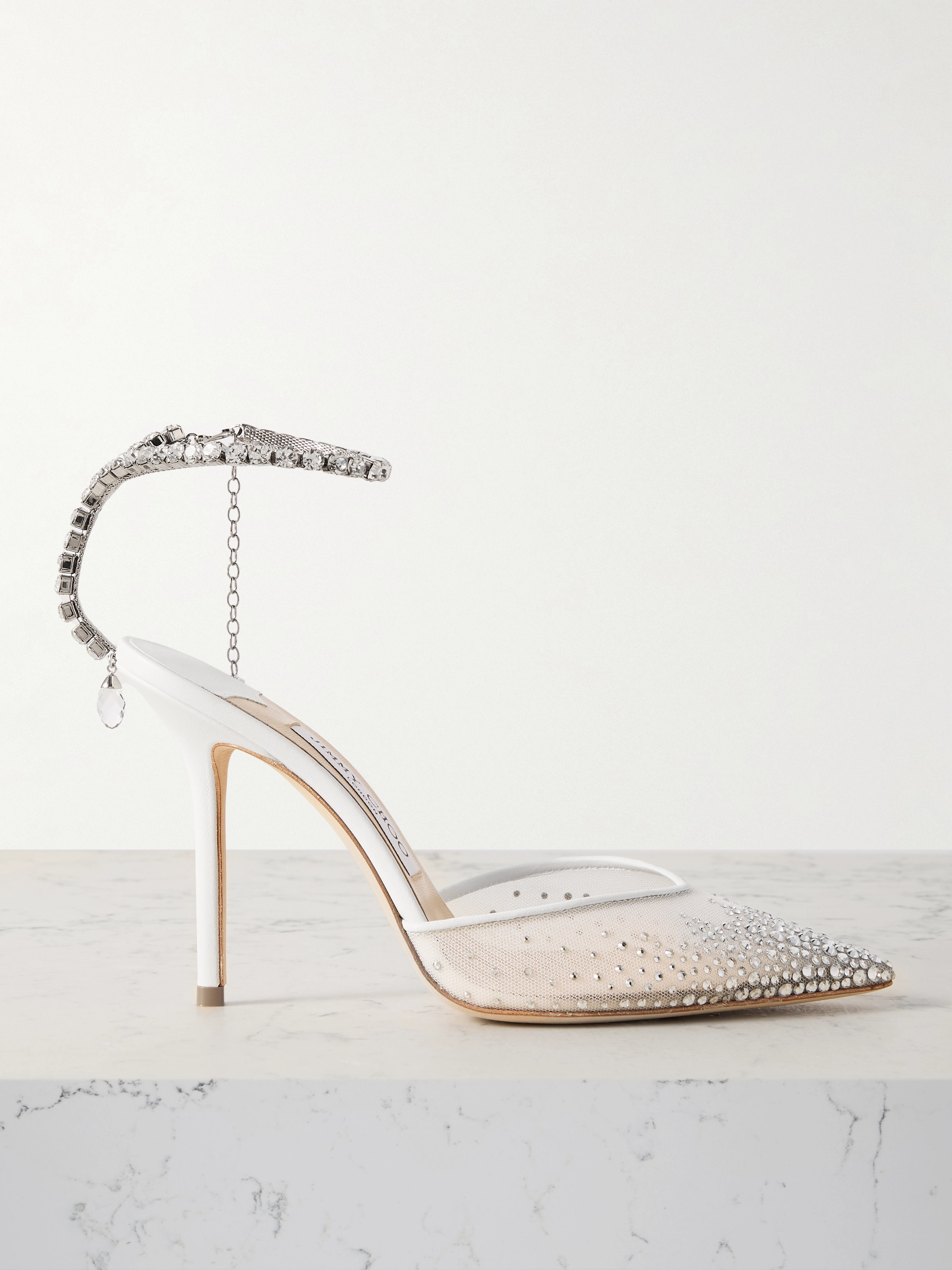 JIMMY CHOO Saeda 100 crystal-embellished leather-trimmed mesh pumps