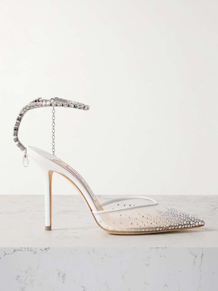 Jimmy Choo Saeda 100 Crystal-embellished Leather-trimmed Mesh Pumps