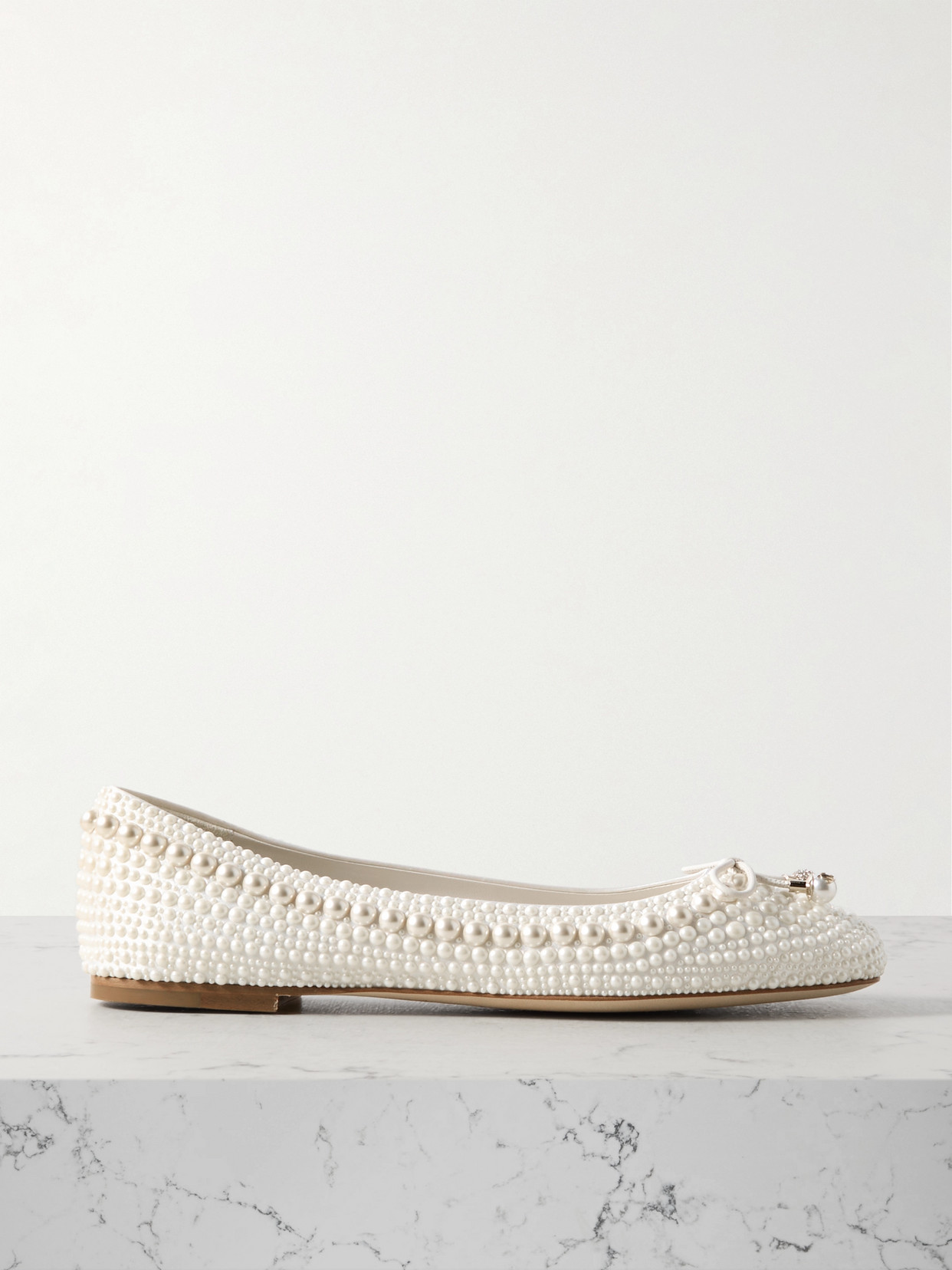 Jimmy Choo - Elme Leather-trimmed Embellished Satin Ballet Flats - White