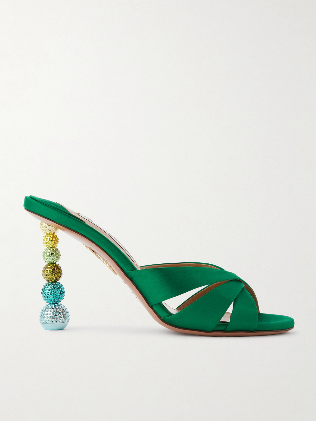 Aquazzura Yes Baby 95 Crystal-embellished Satin Mules In Green