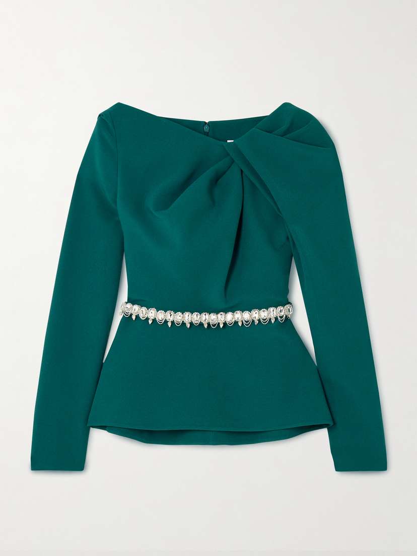 Safiyaa Manya Belted Draped Crystal-embellished Stretch-crepe Peplum Blouse