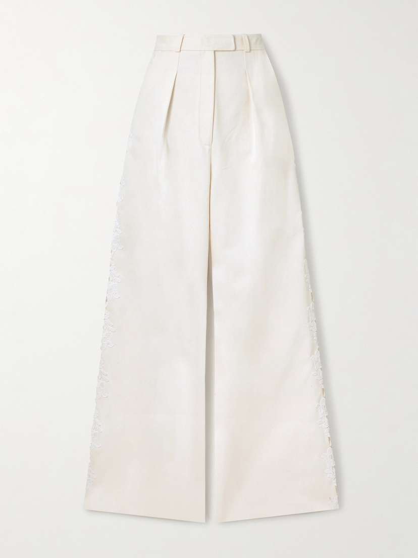 Safiyaa Fredan Guipure Lace-trimmed Cotton-twill Wide-leg Pants