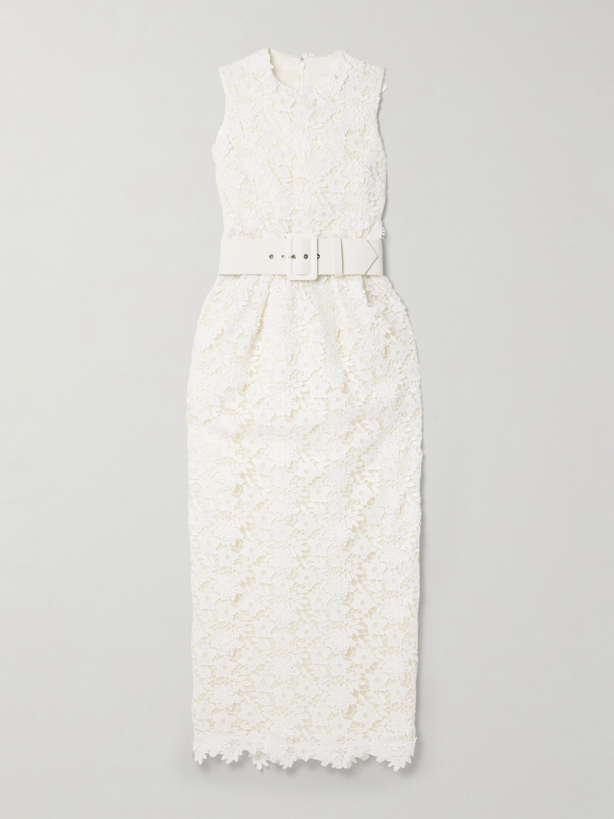 Safiyaa Alani Belted Pleated Guipure Lace Midi Dress In White