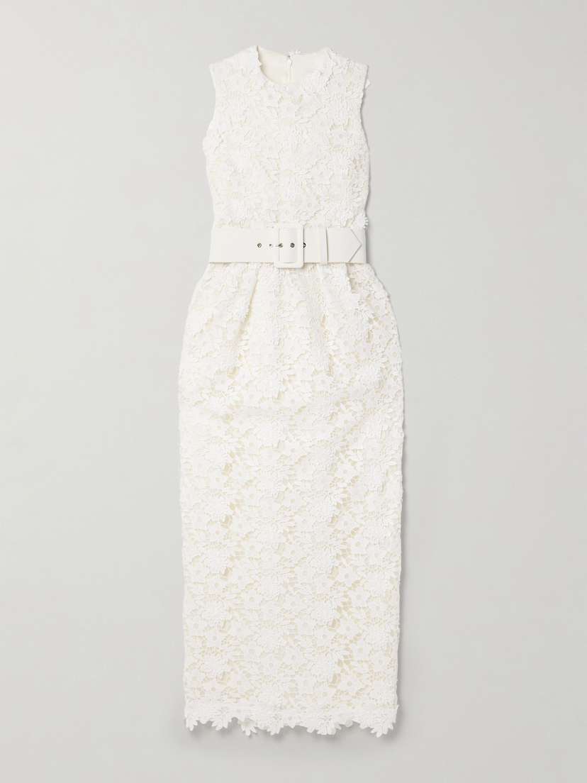 Safiyaa Alani Belted Pleated Guipure Lace Midi Dress