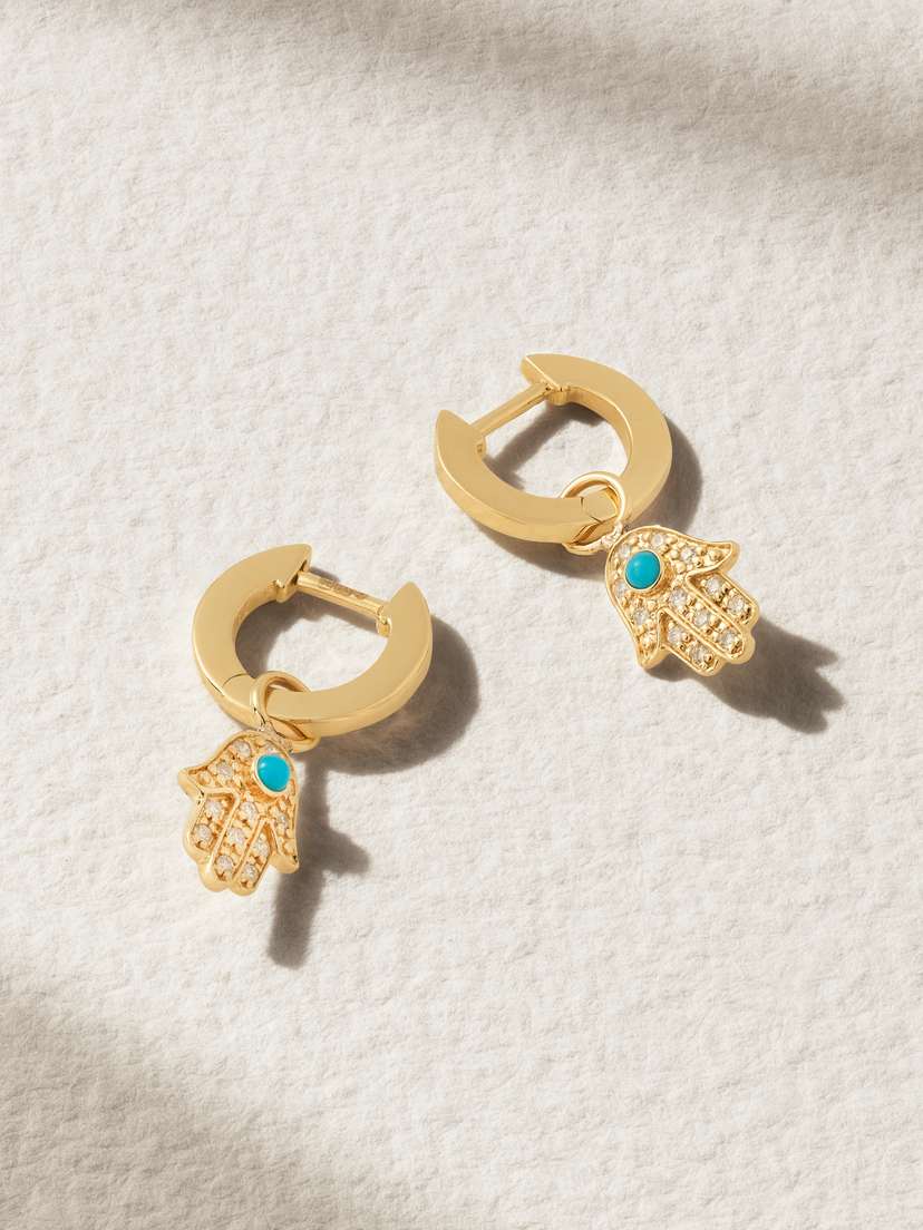 Sydney Evan Small Hamsa 14-karat Gold, Diamond And Turquoise Earrings