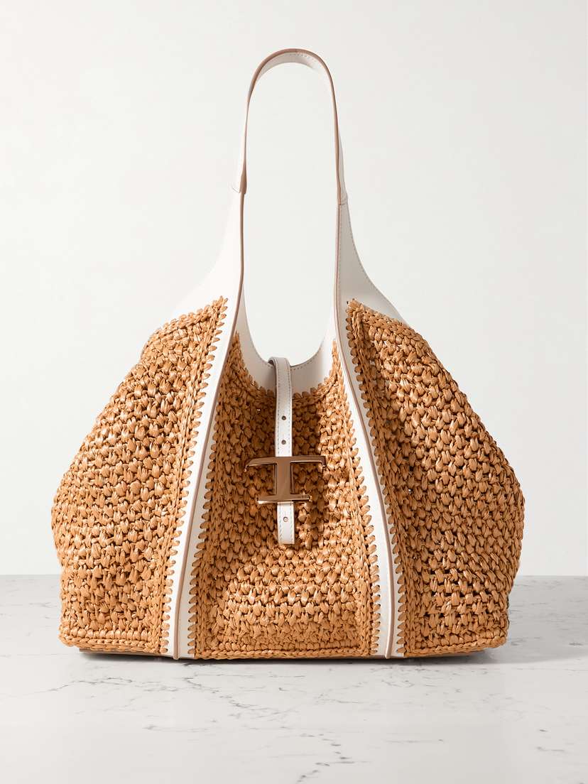 Tod's T Timeless Leather-trimmed Raffia Shoulder Bag