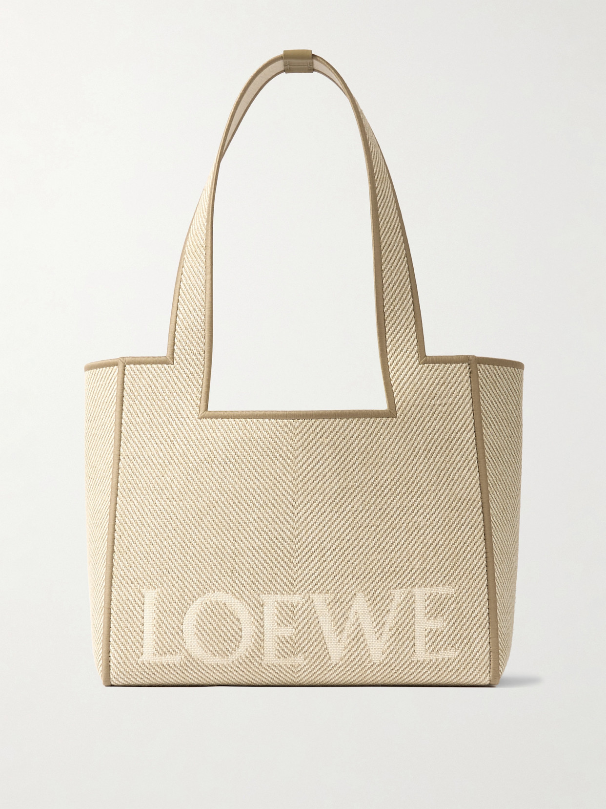 Loewe Font Medium Embroidered Leather-trimmed Canvas-jacquard Tote In Neutrals