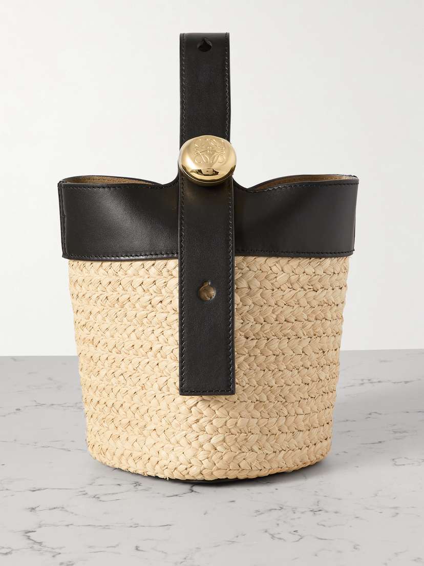 Loewe Pebble Mini Leather-trimmed Raffia Tote