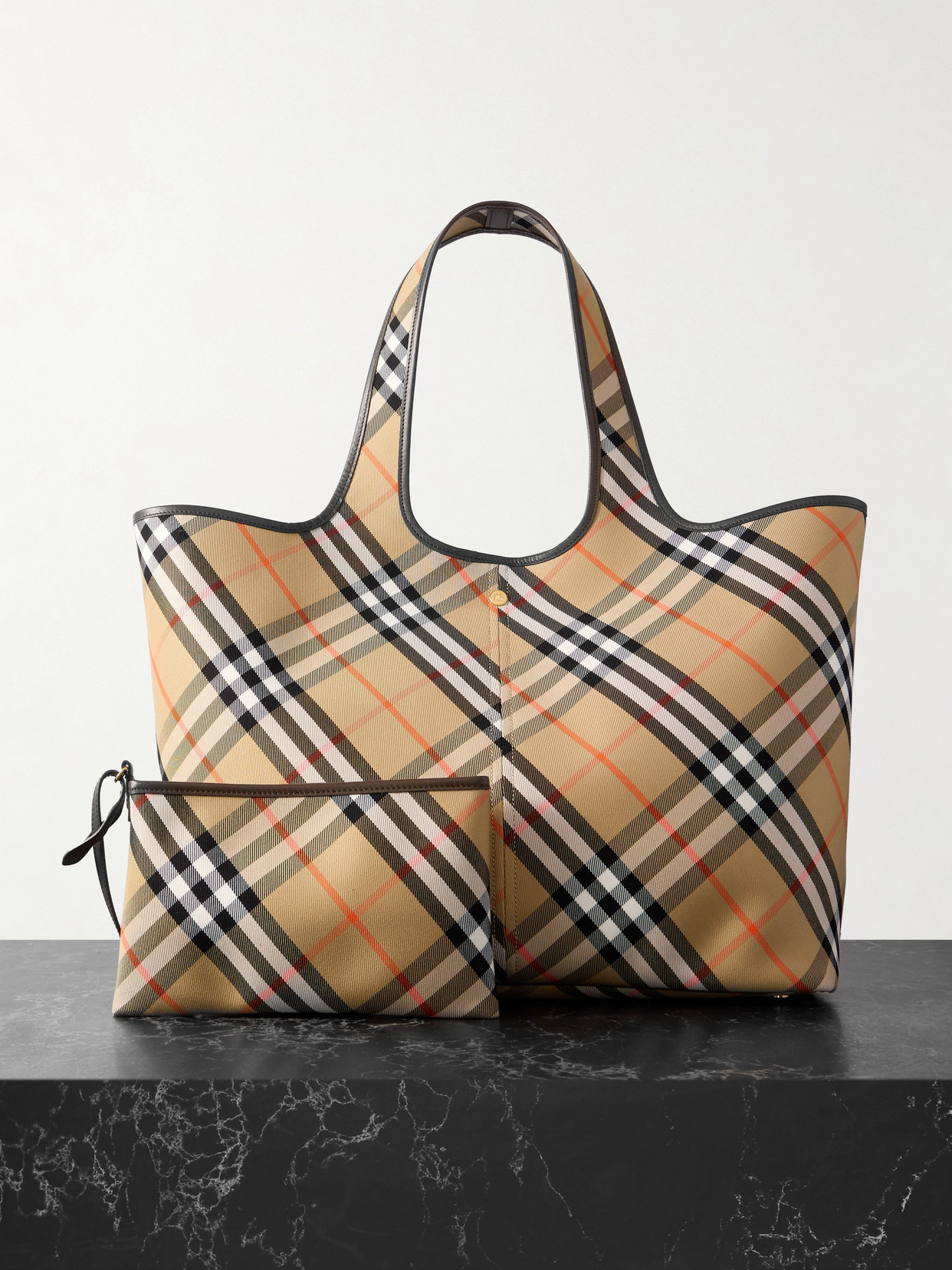 Burberry Leather-trimmed Checked Cotton-canvas Tote In Neutrals