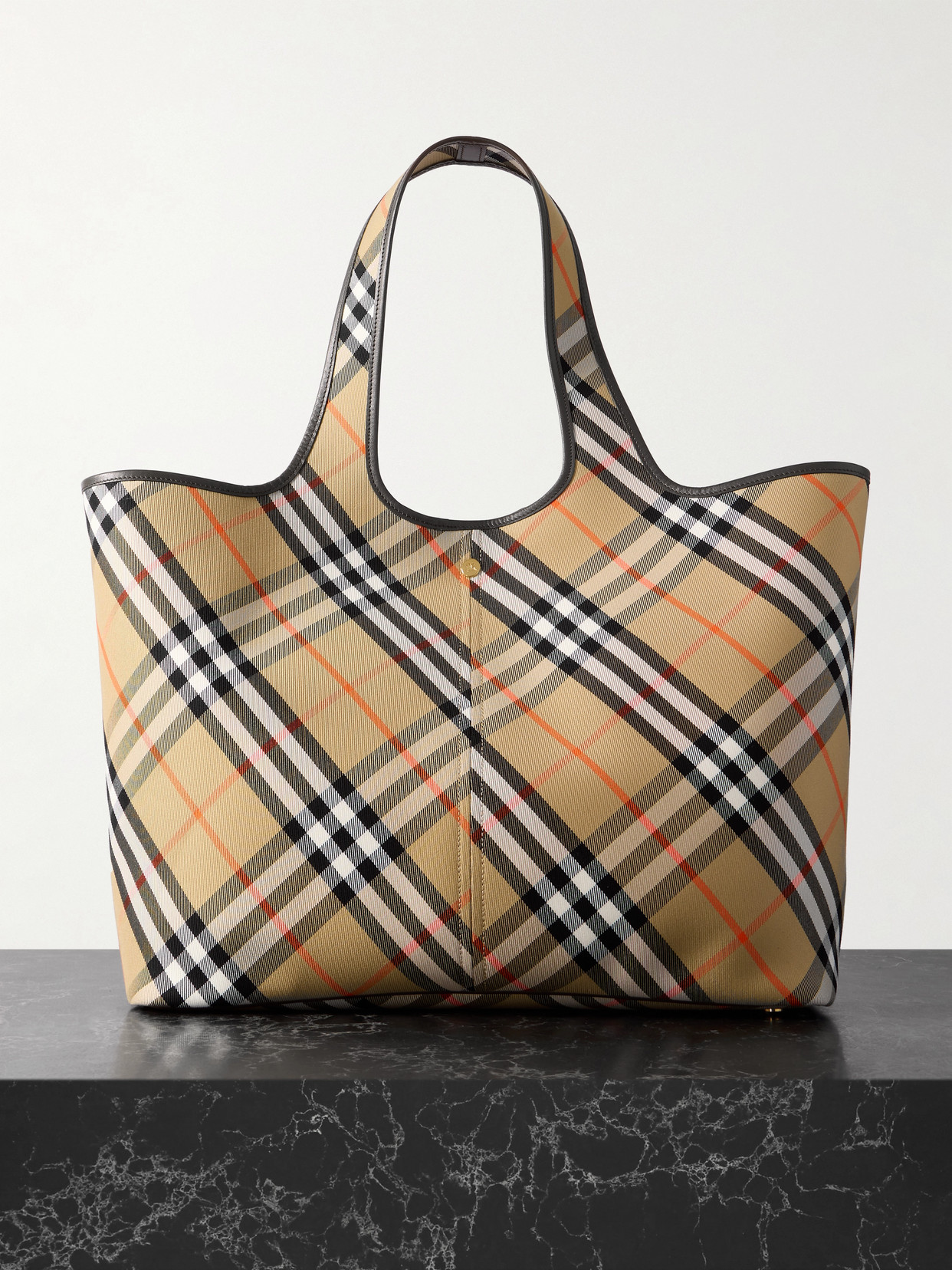 Burberry Leather-trimmed Checked Cotton-canvas Tote In Neutrals