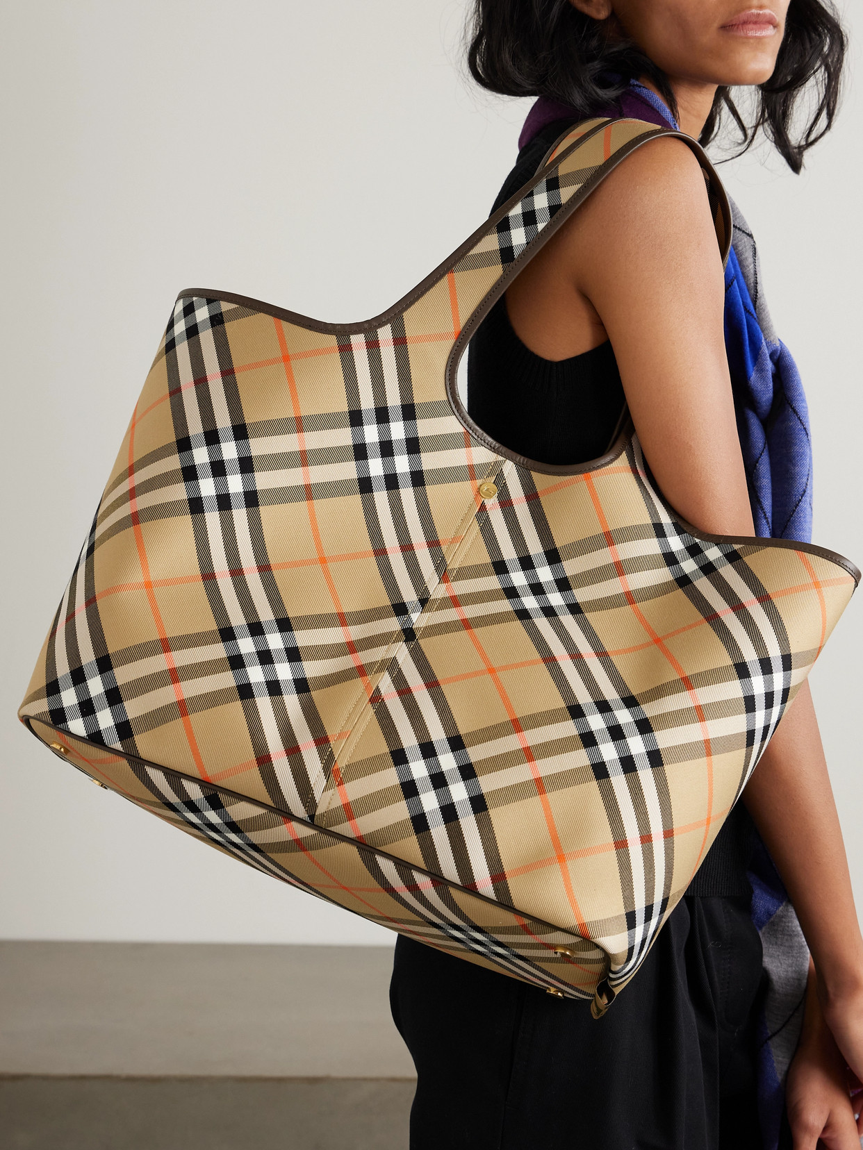Burberry Leather-trimmed Checked Cotton-canvas Tote In Neutrals