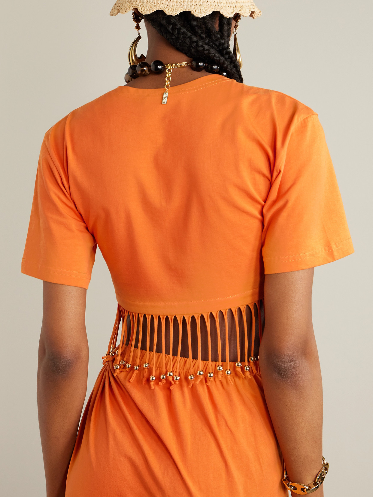 Rabanne Cropped Fringed Embellished Cotton-jersey Top In Orange