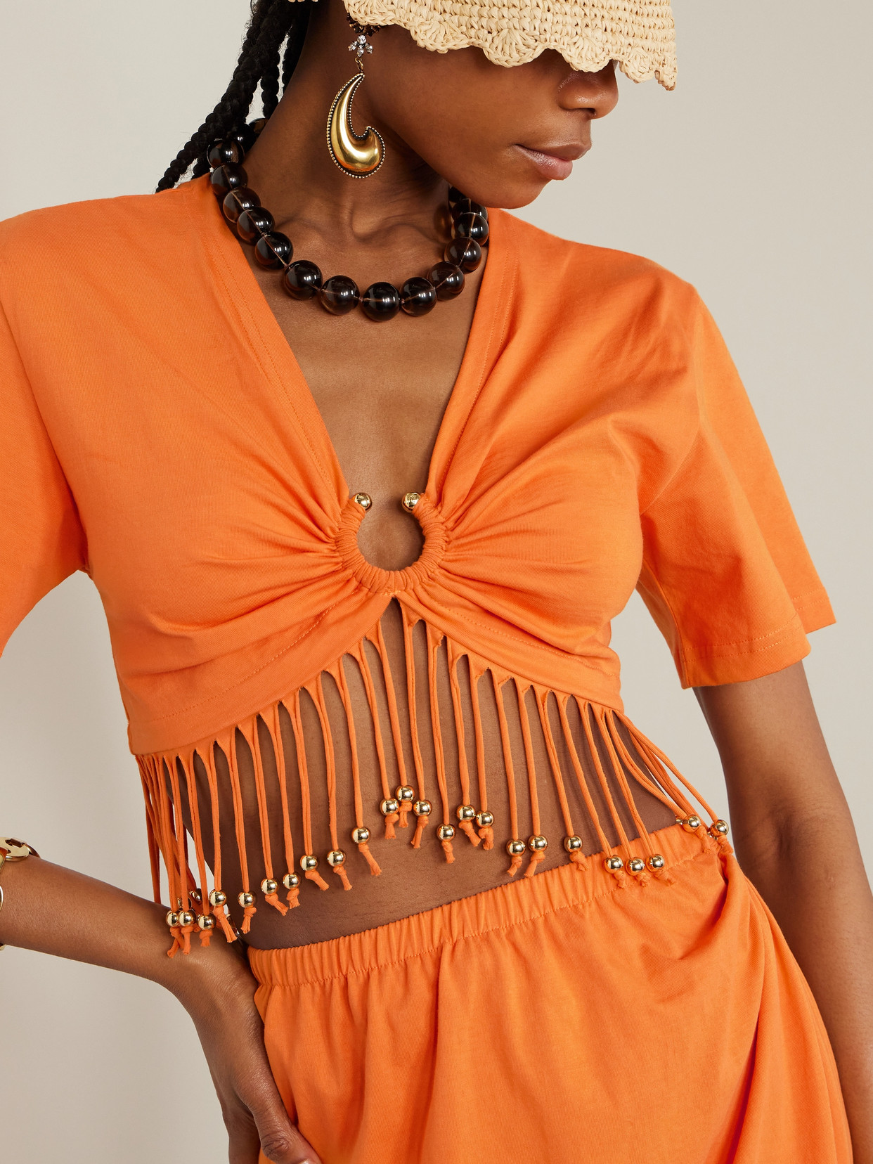 Rabanne Cropped Fringed Embellished Cotton-jersey Top In Orange