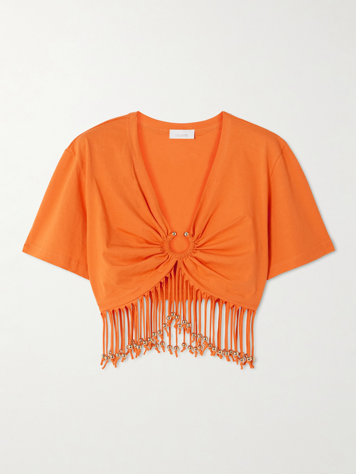 Rabanne Cropped Fringed Embellished Cotton-jersey Top In Orange