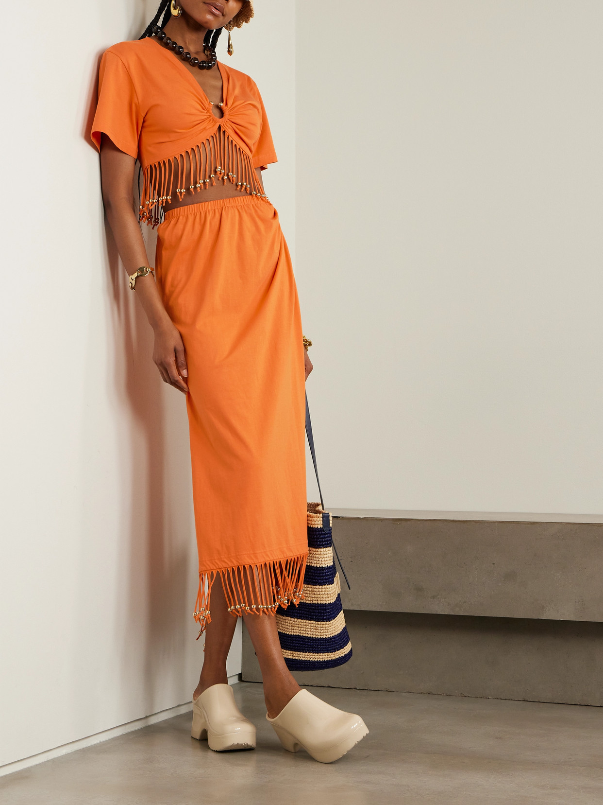 Rabanne Cropped Fringed Embellished Cotton-jersey Top In Orange