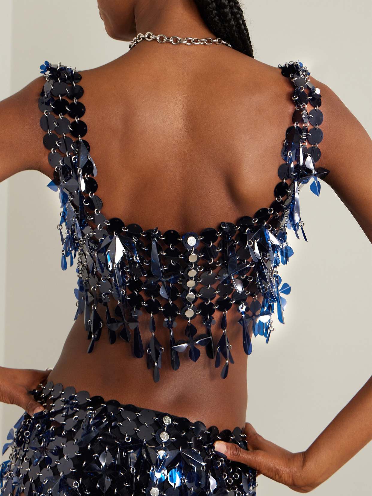Rabanne Assemblage Cropped Sequined Mini Top In Blue