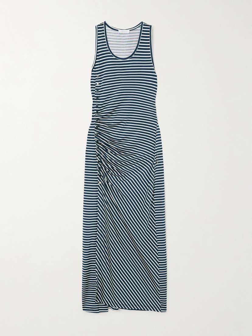 Rabanne Asymmetric Gathered Striped Stretch-jersey Midi Dress - FR 34