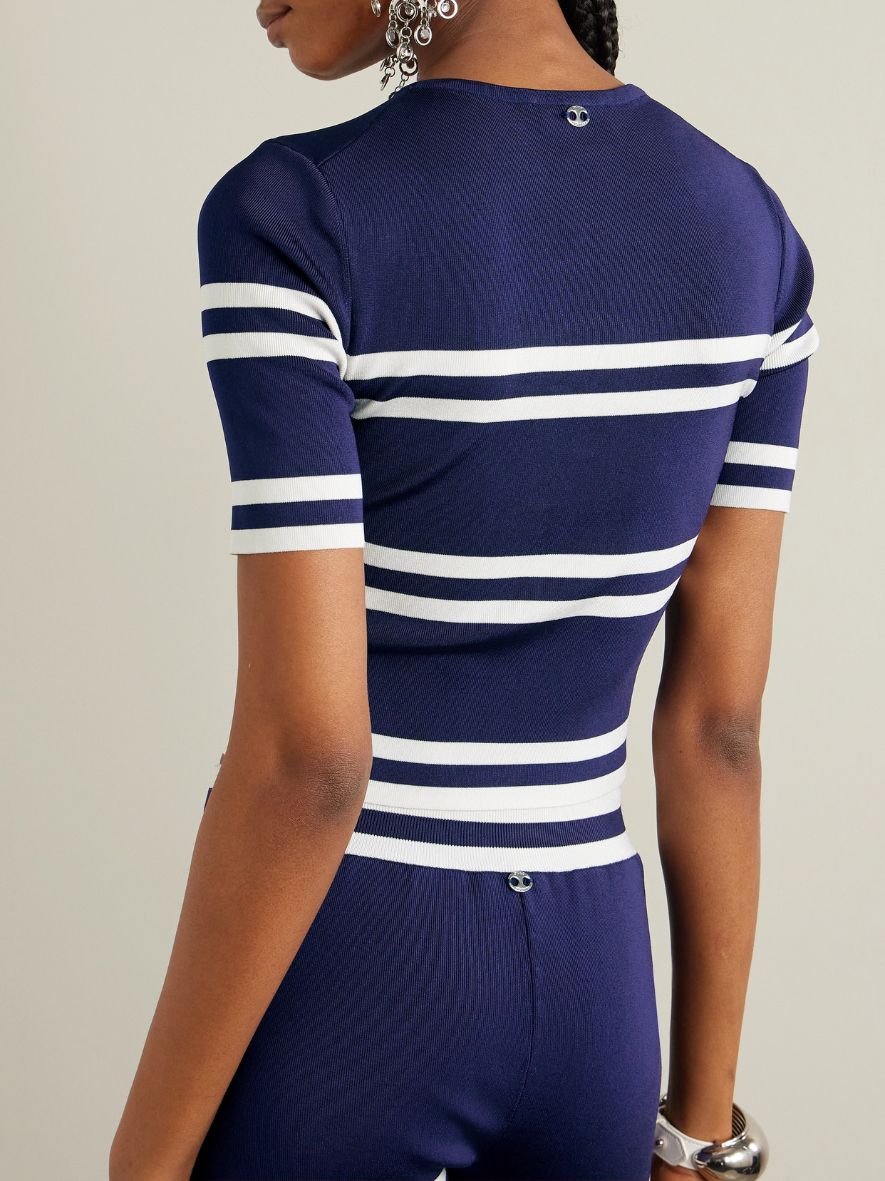 Rabanne Lurex-trimmed Striped Ribbed-knit Top In Blue