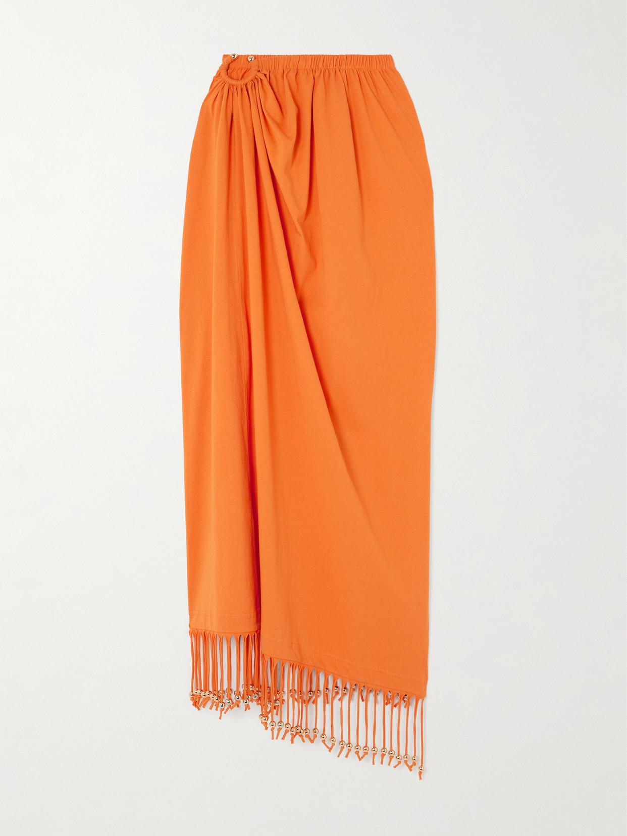 Rabanne Fringed Embellished Gathered Cotton-jersey Midi Skirt In Orange