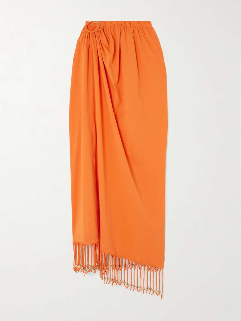Rabanne Fringed Embellished Gathered Cotton-jersey Midi Skirt