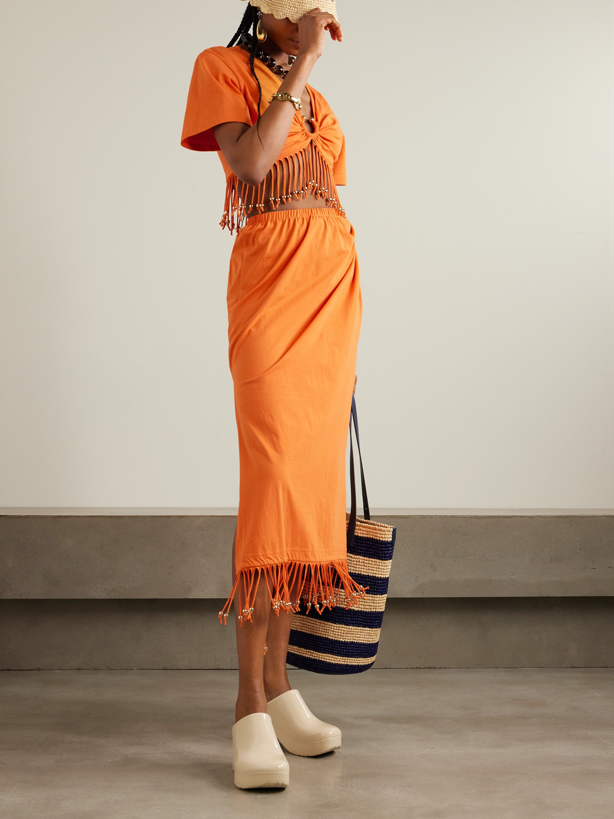 Rabanne Fringed Embellished Gathered Cotton-jersey Midi Skirt In Orange
