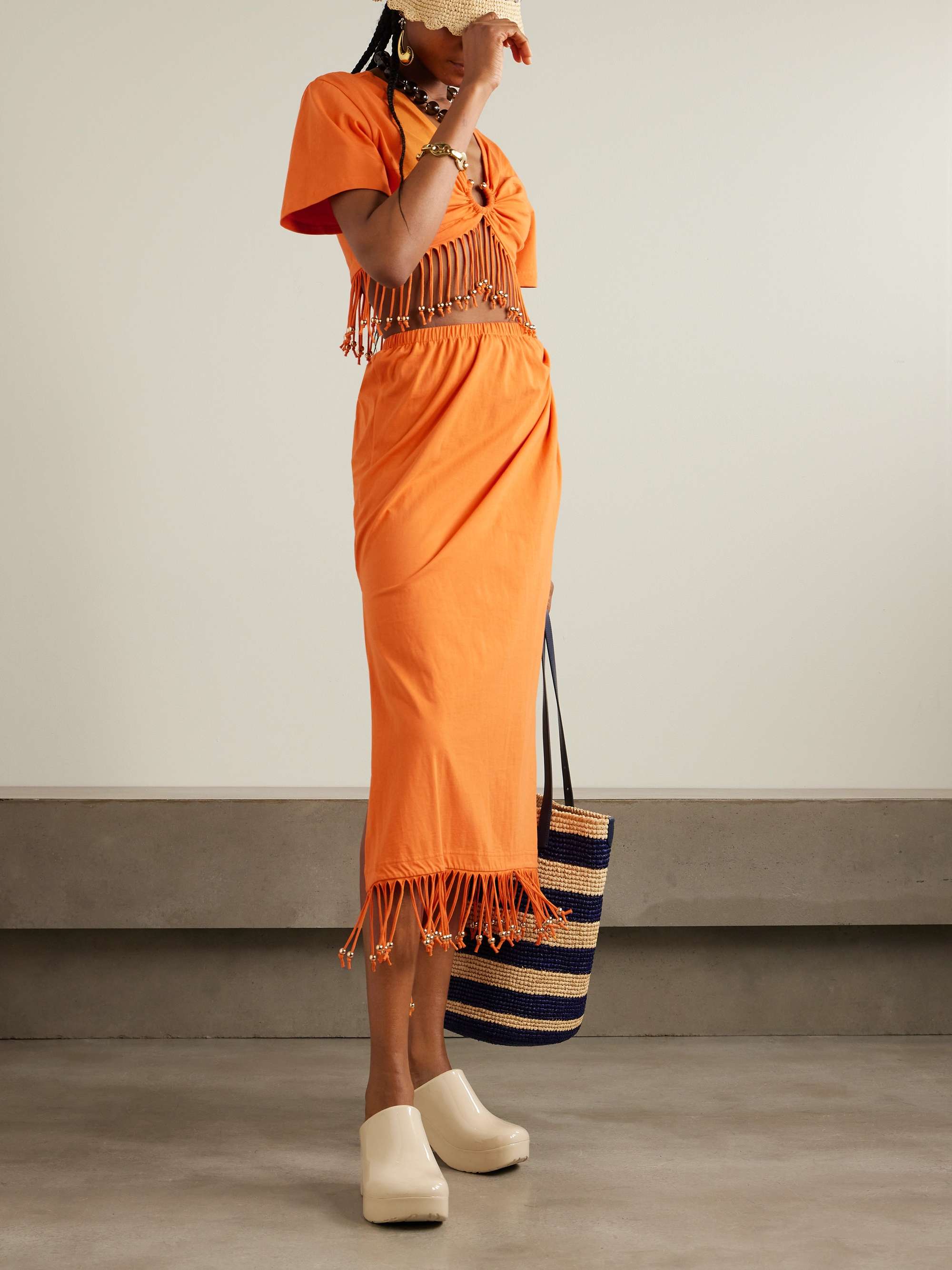 RABANNE Fringed embellished gathered cotton-jersey midi skirt  